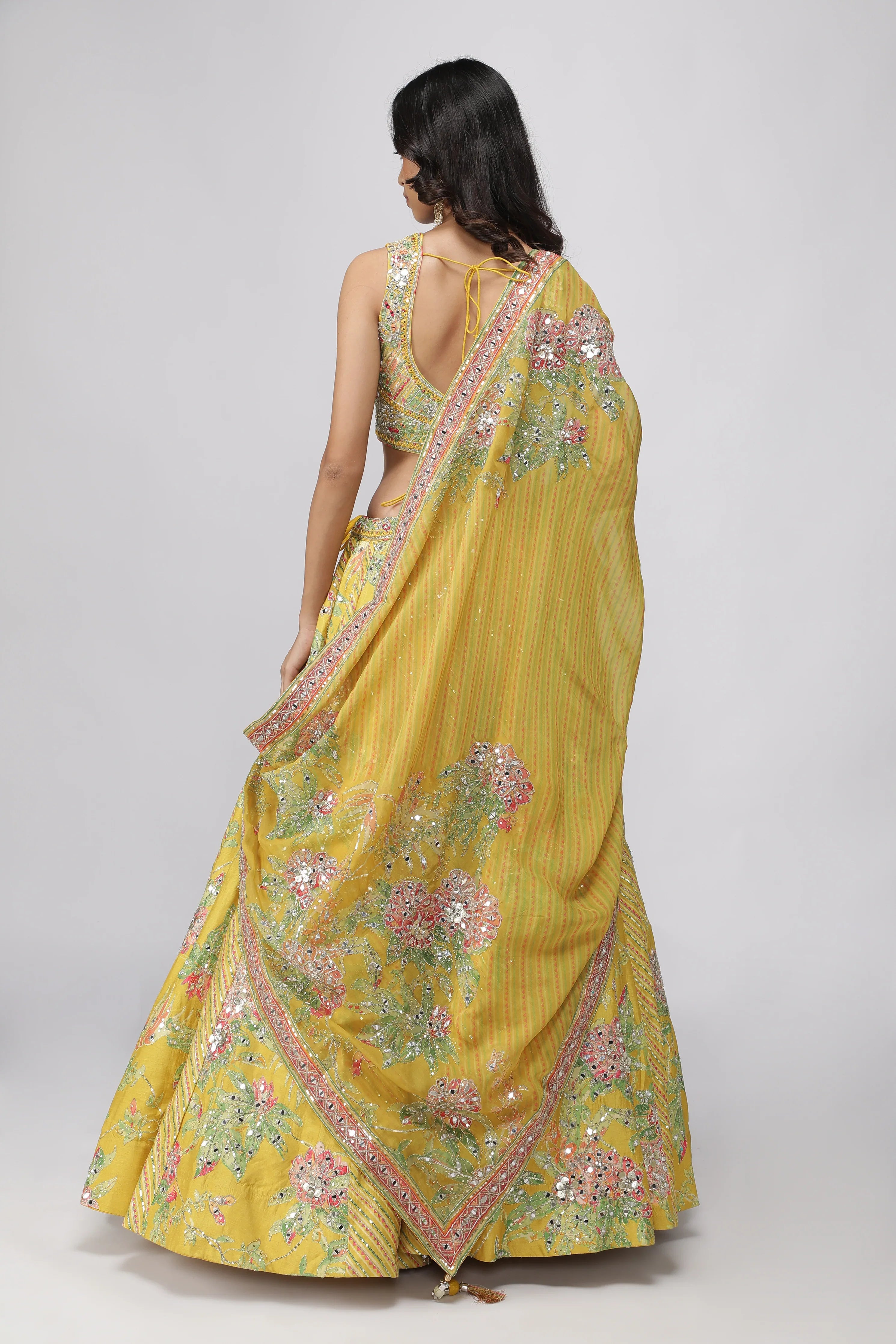Yellow Silk Floral Printed Lehenga Set - Mokshaa