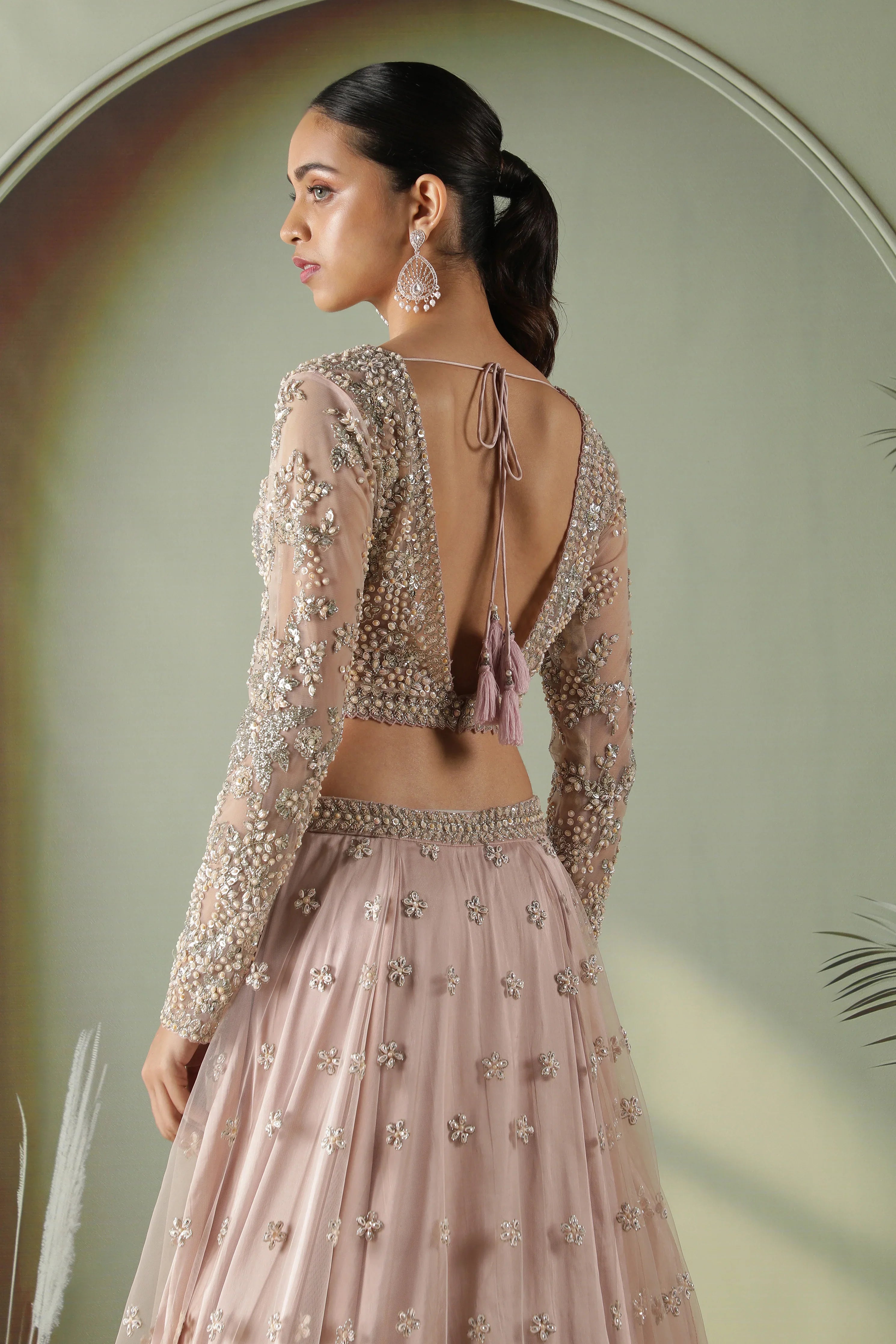Dusty Rose Long-Sleeve Mirror & Pearl Embroidered Net Lehenga Set - Mokshaa