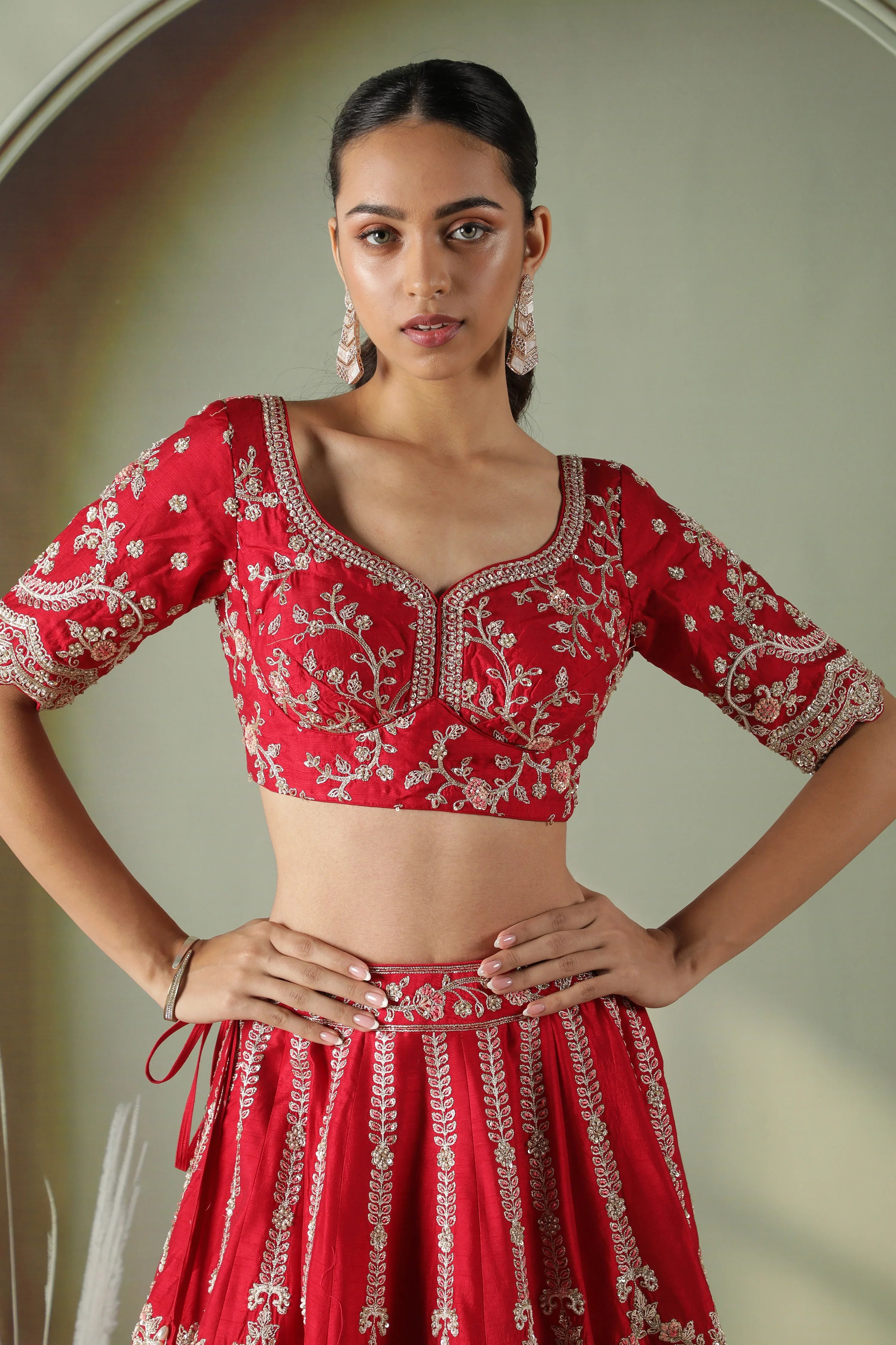 Red Raw Silk Bridal Lehenga Set - Mokshaa