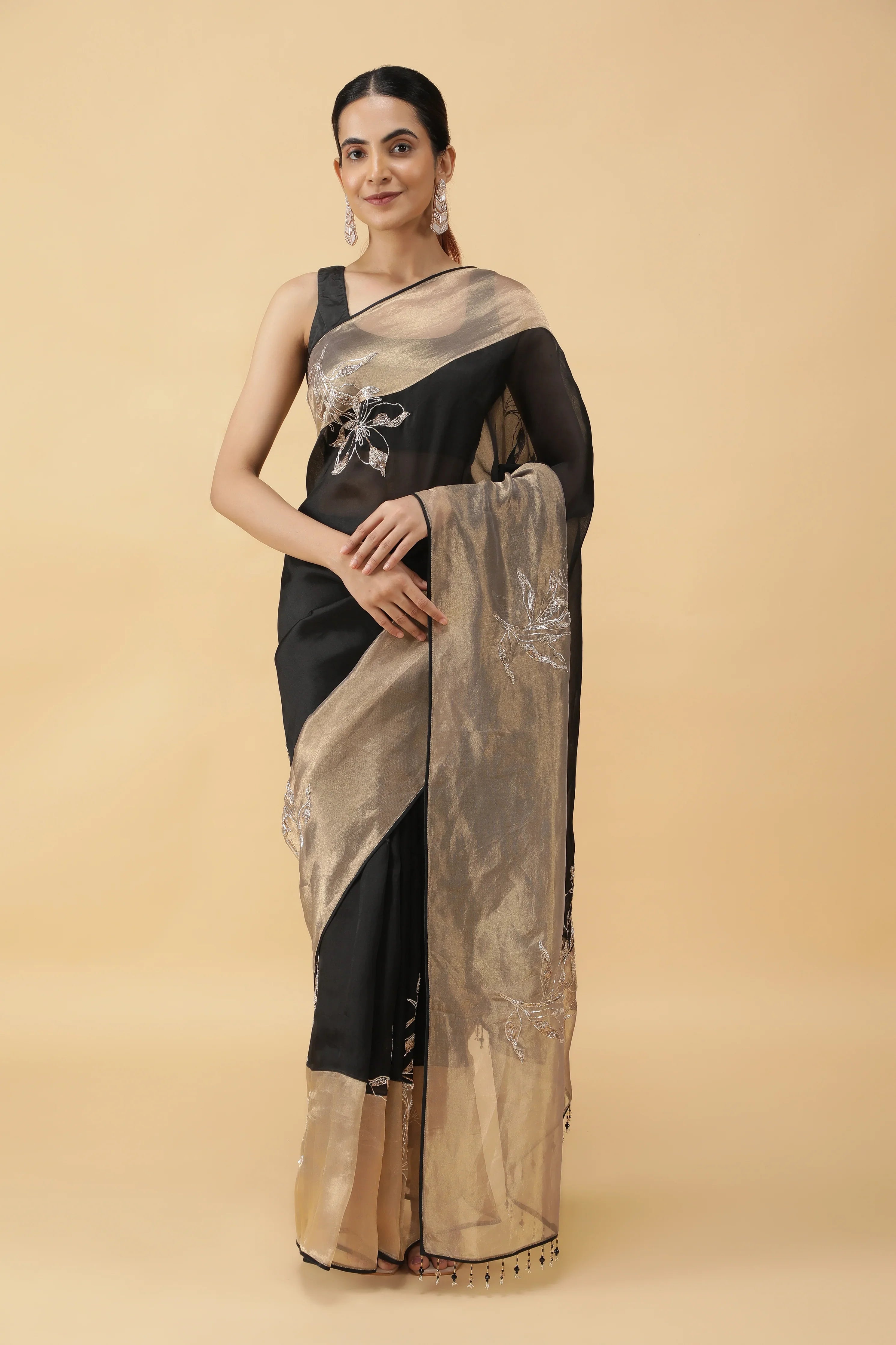 Black Organza Saree with Gold Tissue Border & Sequin Zari Motifs - Mokshaa