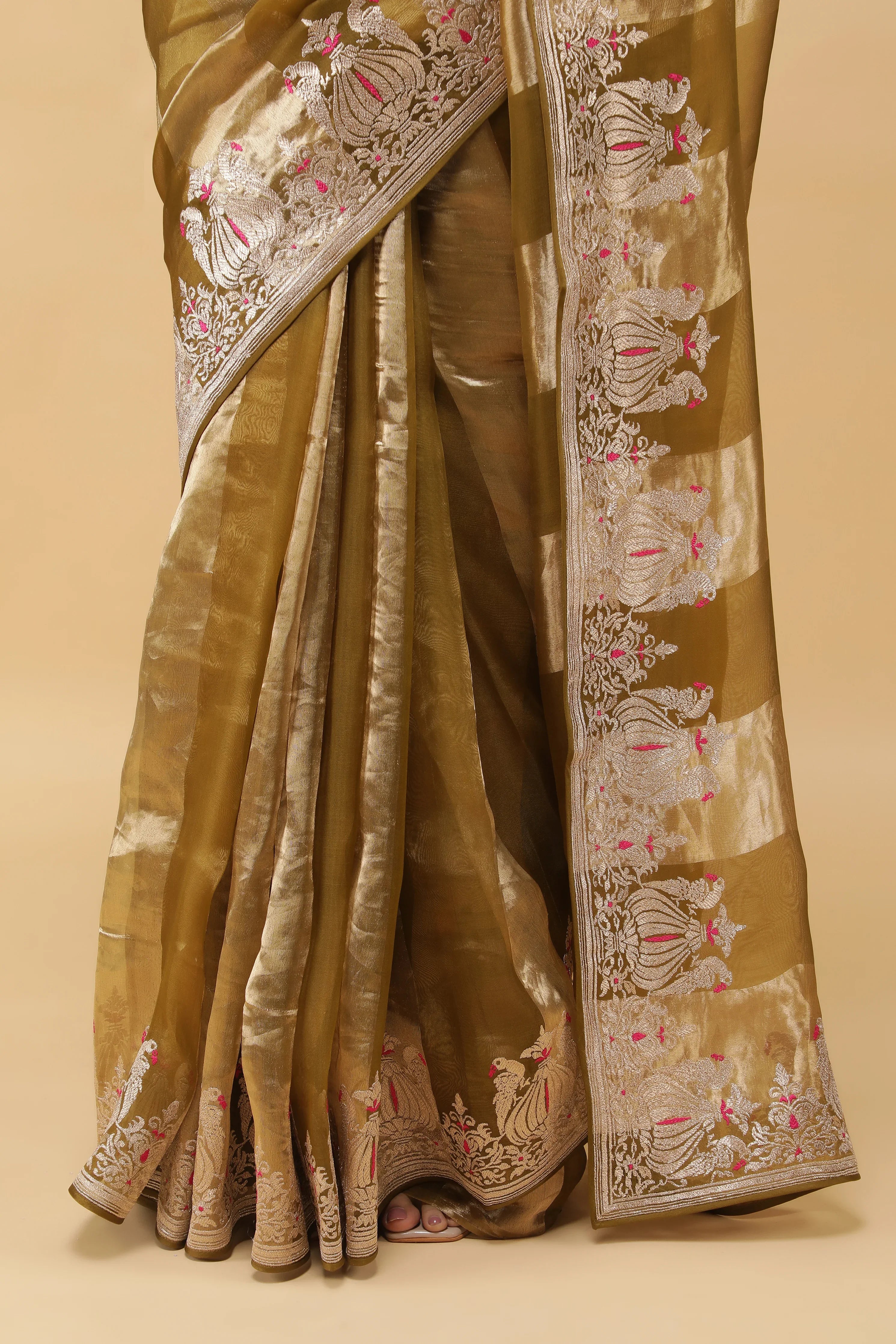 Golden Green Tissue Organza Saree with Meena Embroidery - Mokshaa