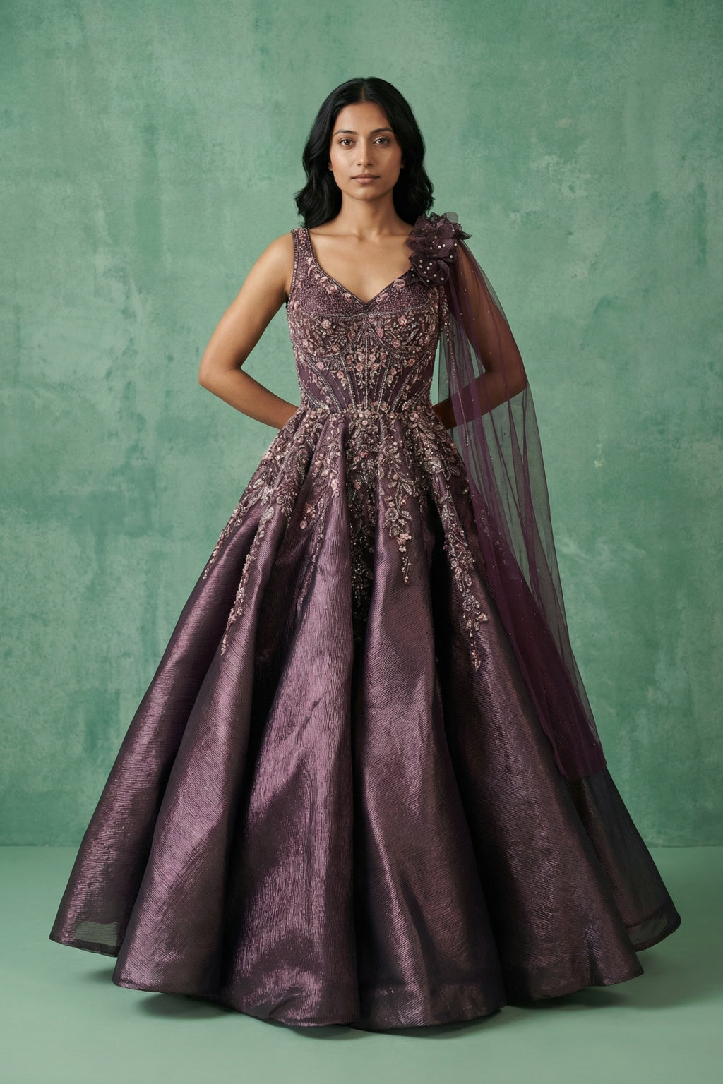 Dark Lavender Shimmer Embroidered Gown - Mokshaa
