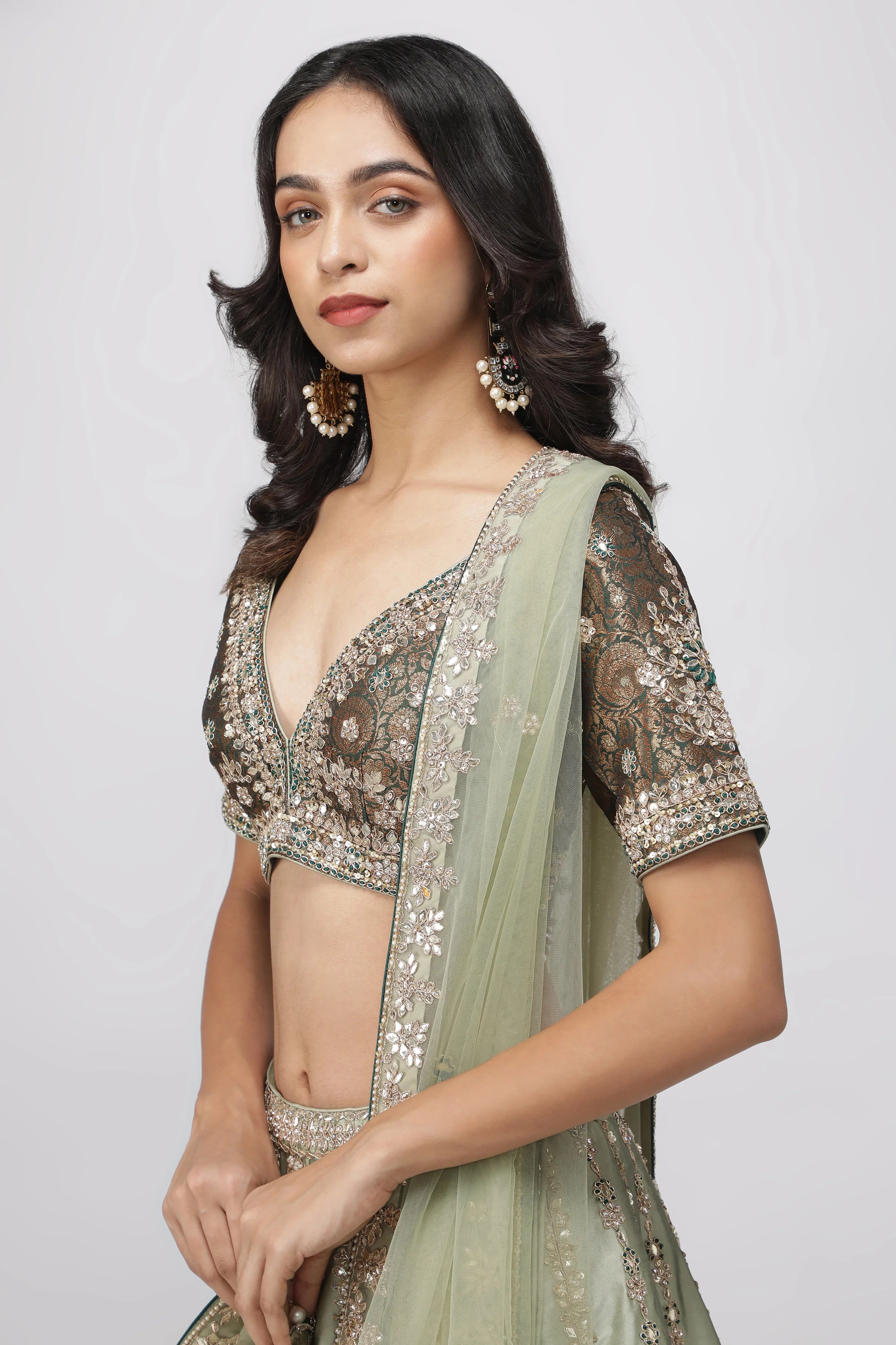 Mint Green Silk Lehenga with Bottle Green Banarasi Blouse - Mokshaa