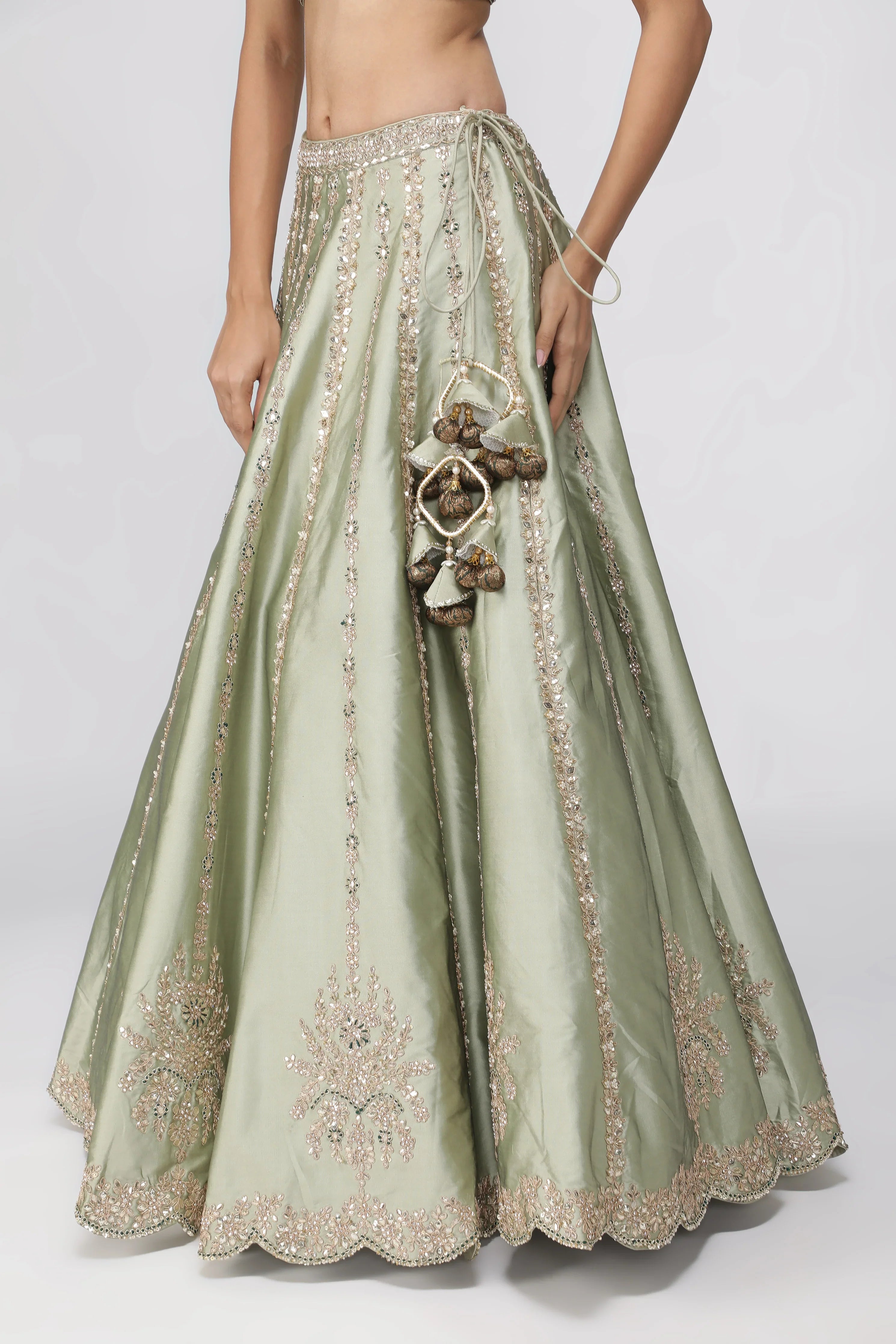 Mint Green Silk Lehenga with Bottle Green Banarasi Blouse - Mokshaa