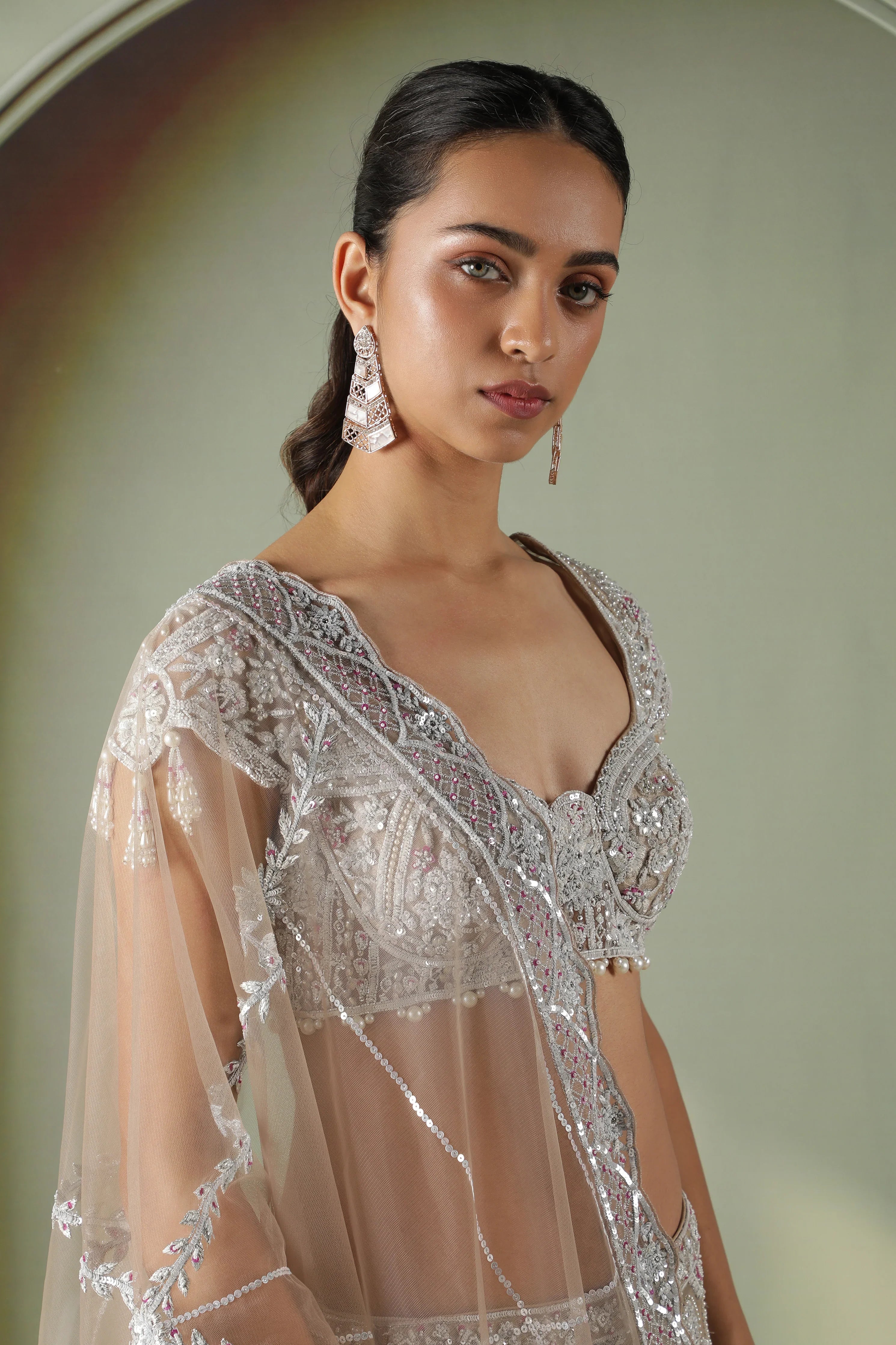 Champagne Mermaid Cut Net Lehenga Set - Mokshaa