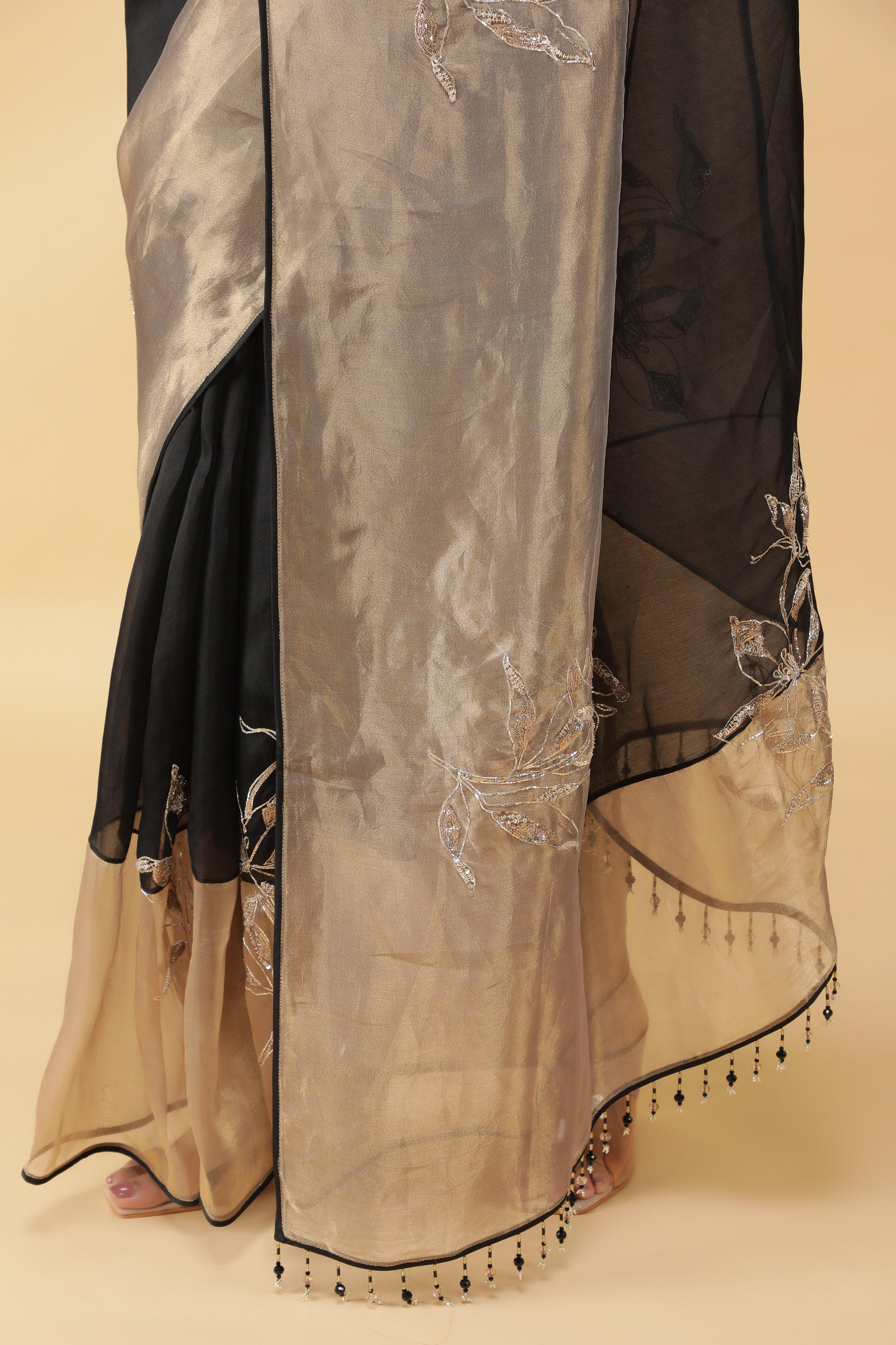 Black Organza Saree with Gold Tissue Border & Sequin Zari Motifs - Mokshaa