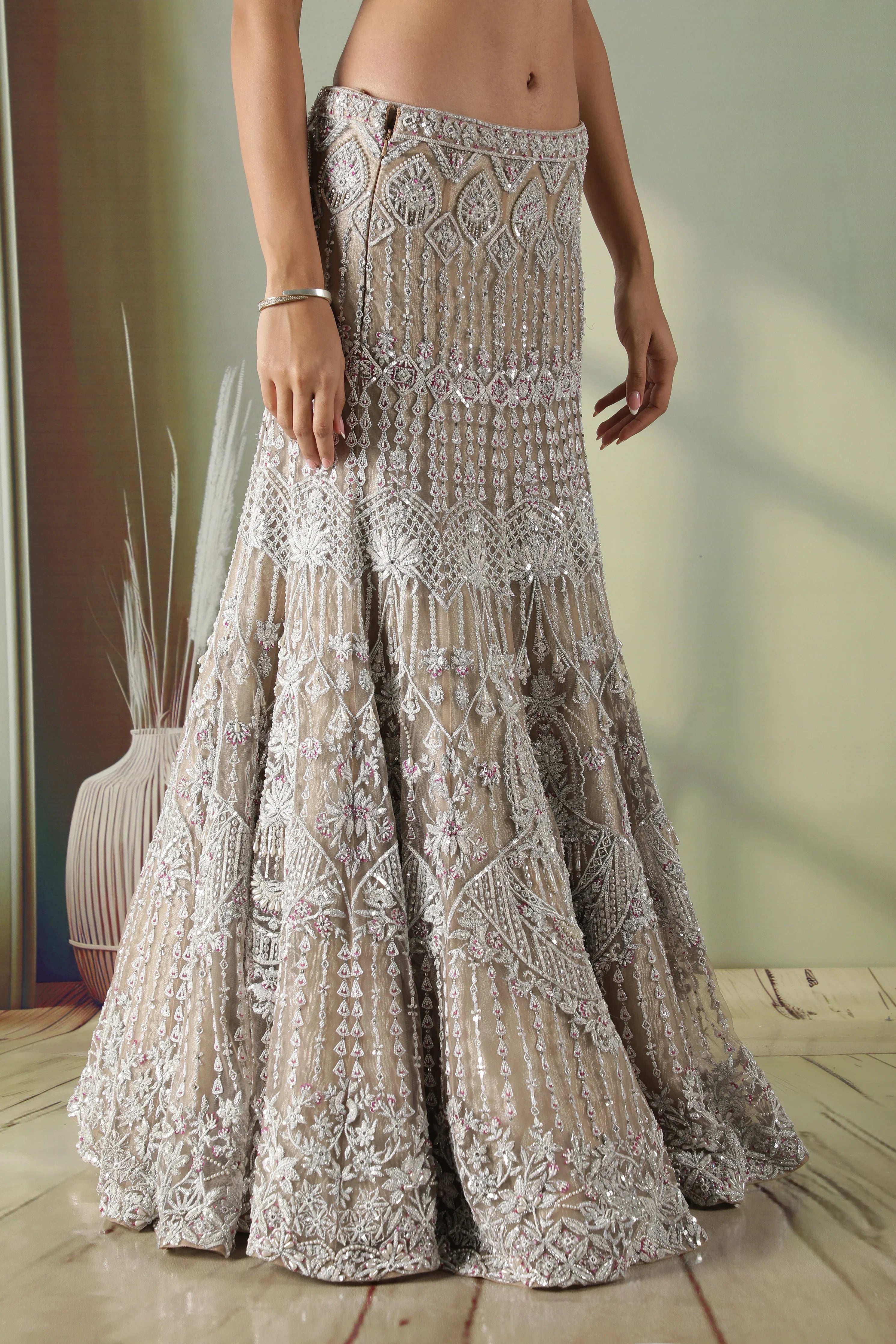 Champagne Mermaid Cut Net Lehenga Set - Mokshaa