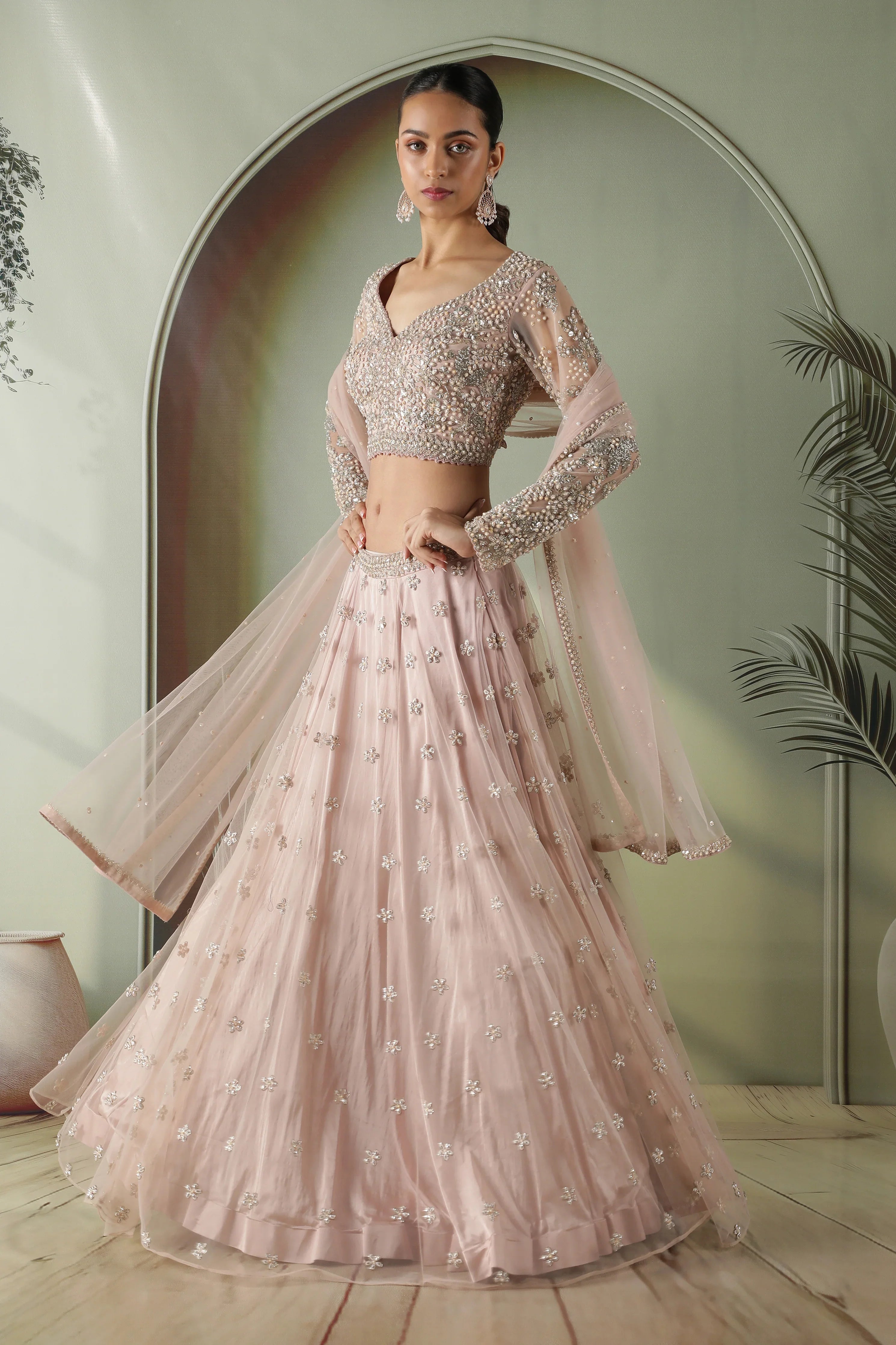 Dusty Rose Long-Sleeve Mirror & Pearl Embroidered Net Lehenga Set - Mokshaa