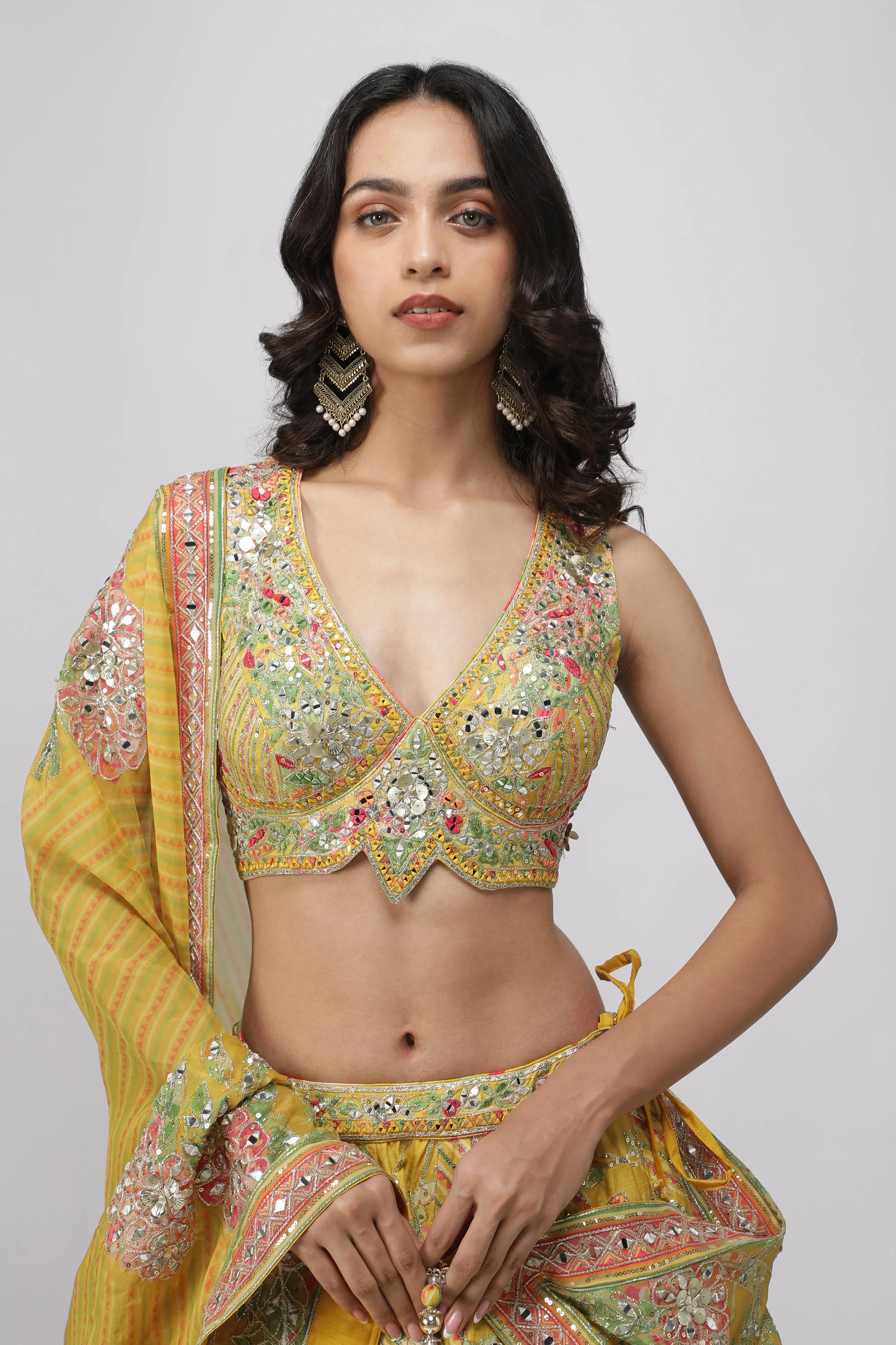 Yellow Silk Floral Printed Lehenga Set - Mokshaa