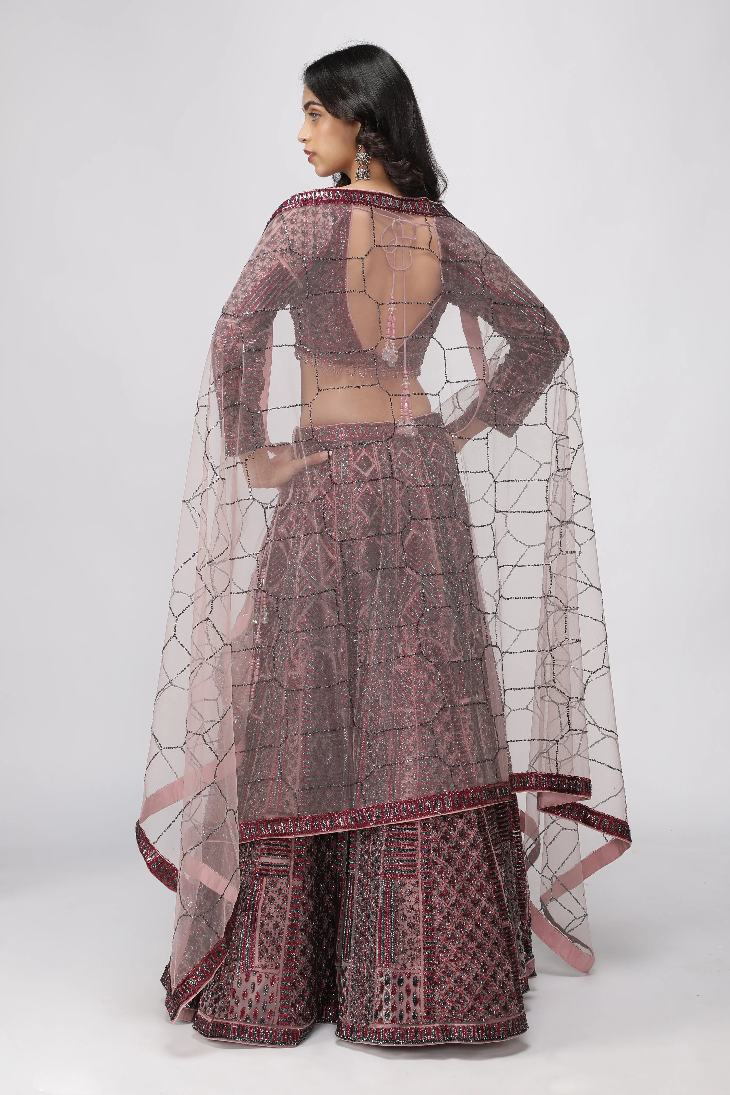 Berry Mauve Net Lehenga Set - Mokshaa