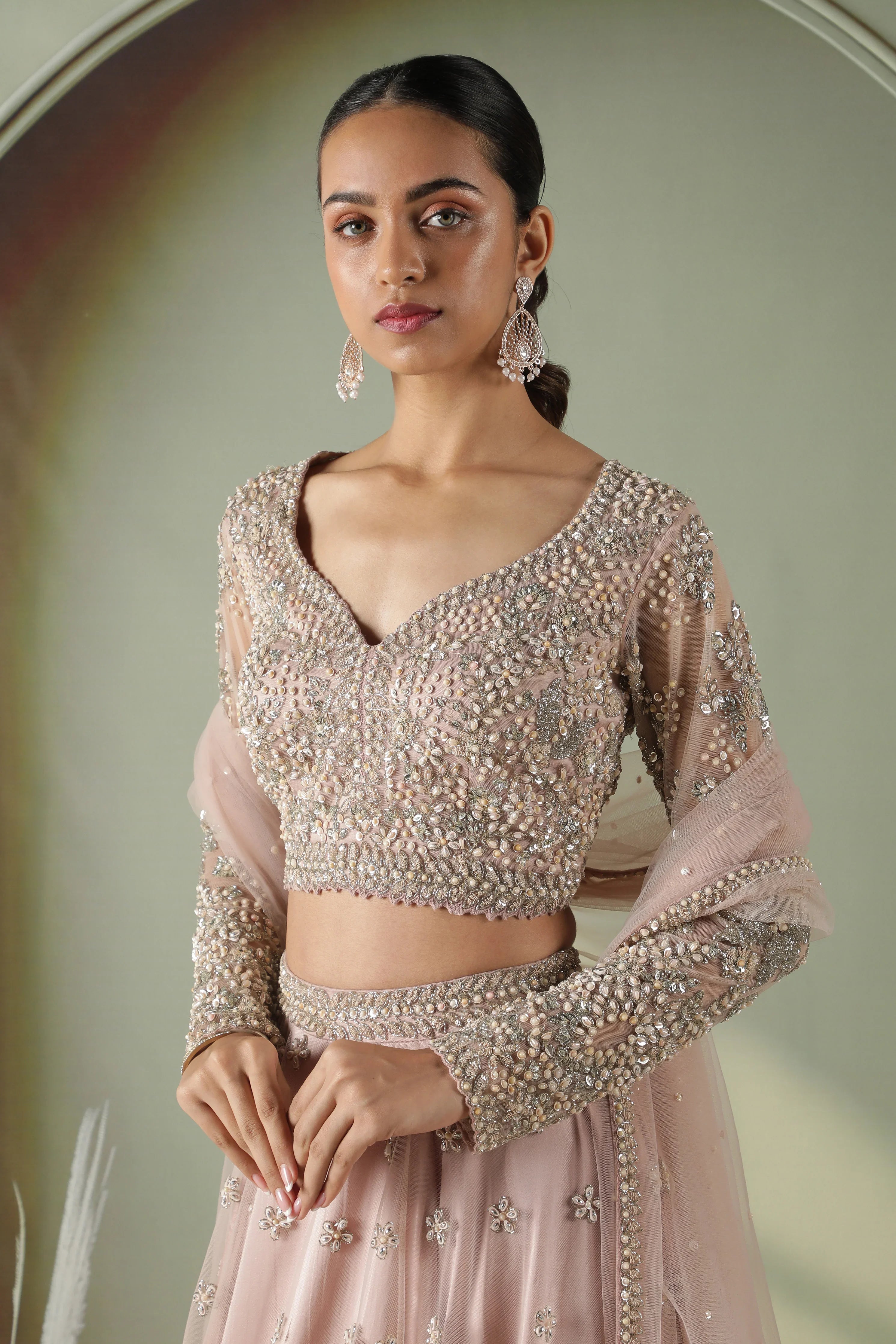 Dusty Rose Long-Sleeve Mirror & Pearl Embroidered Net Lehenga Set - Mokshaa