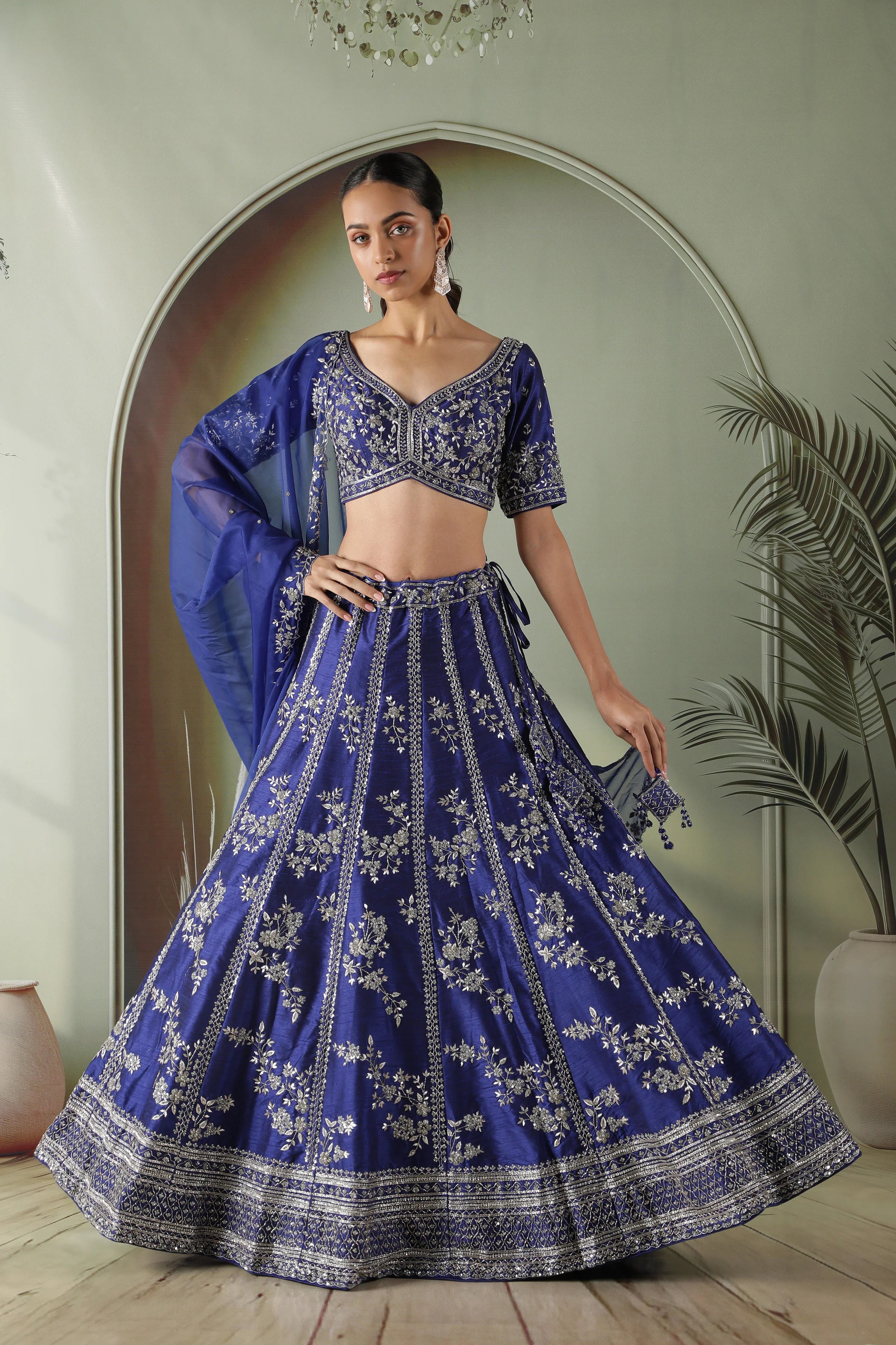 Royal Blue Raw Silk Lehenga set - Mokshaa
