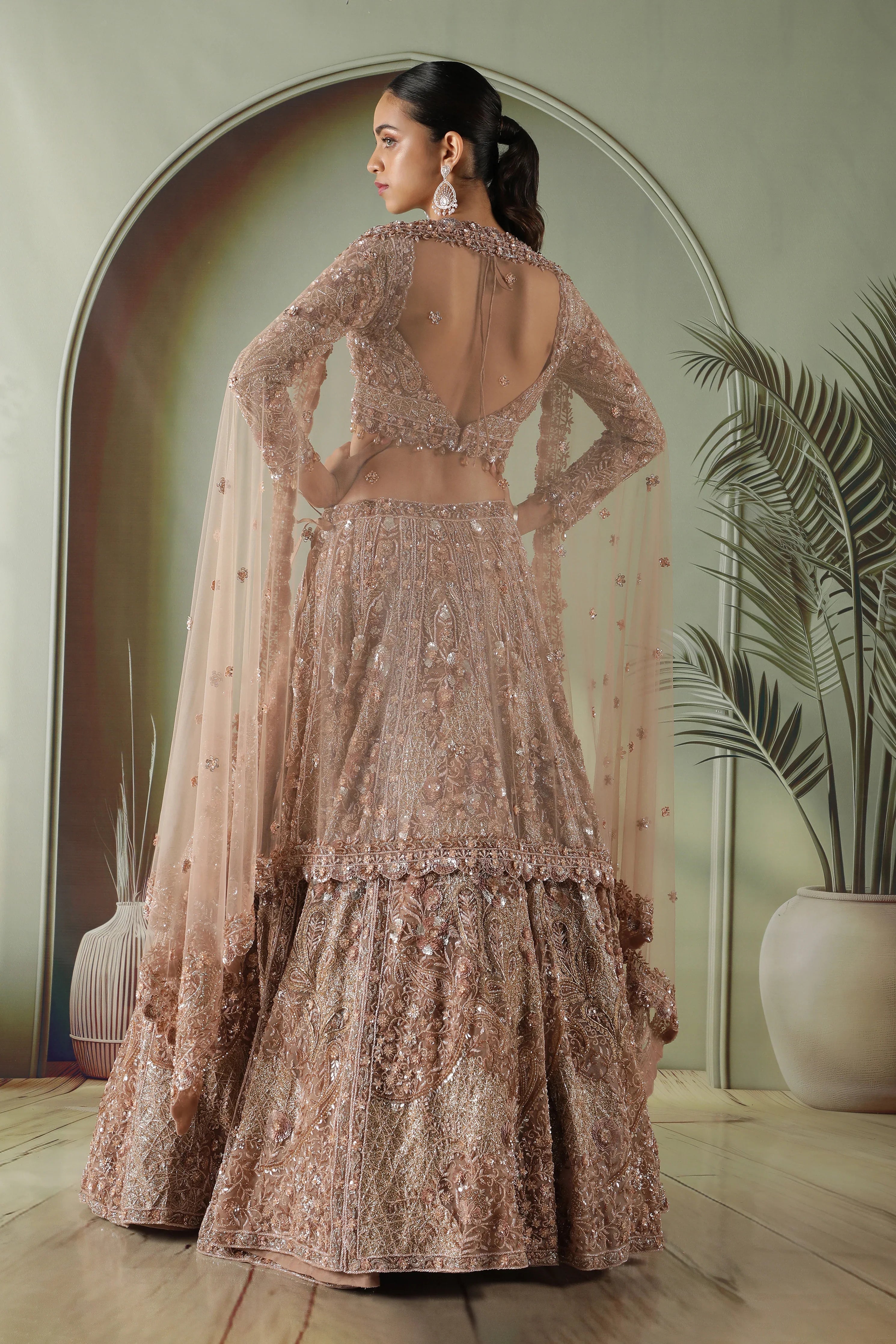 Antique Gold Heavily Embroidered Net Lehenga Set - Mokshaa