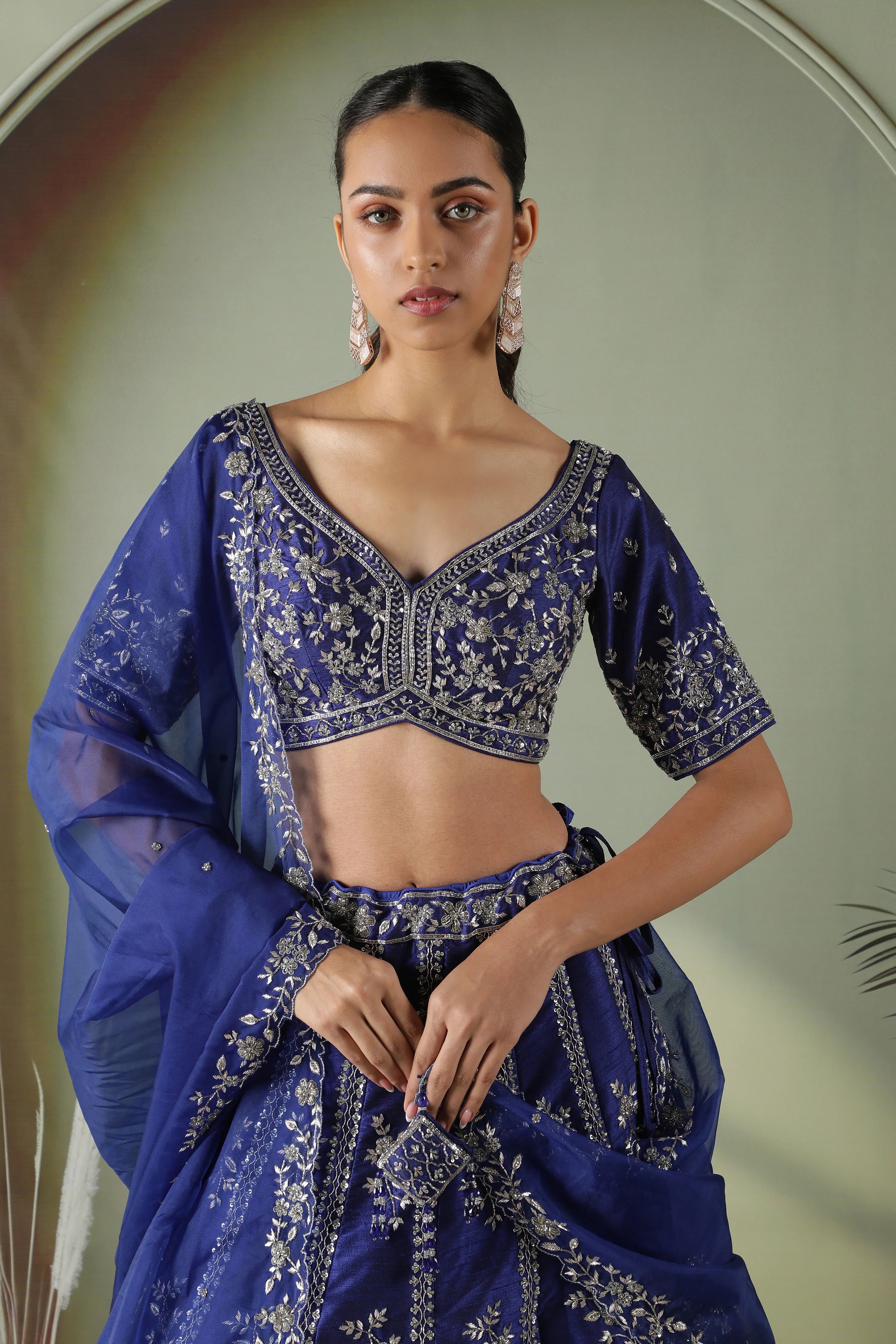 Royal Blue Raw Silk Lehenga set - Mokshaa
