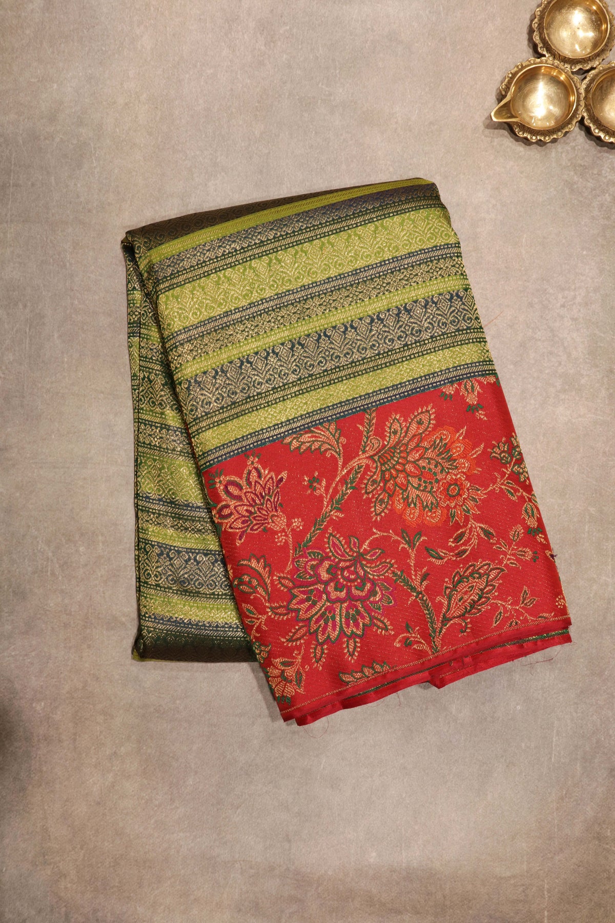 Green & Red Kanchivaram Brocade Silk Saree - Mokshaa