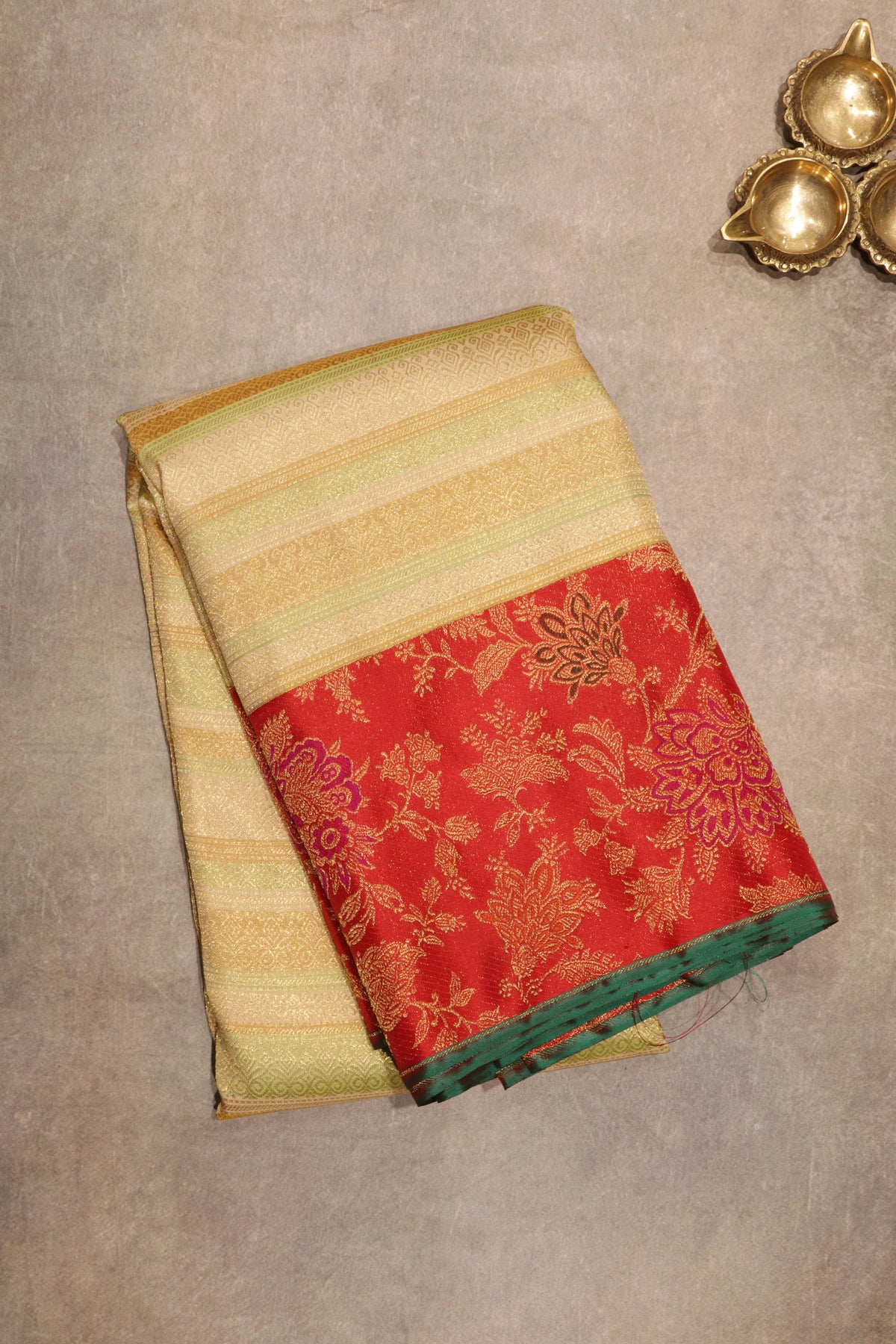 Ivory & Red Kanchivaram Brocade Silk Saree - Mokshaa