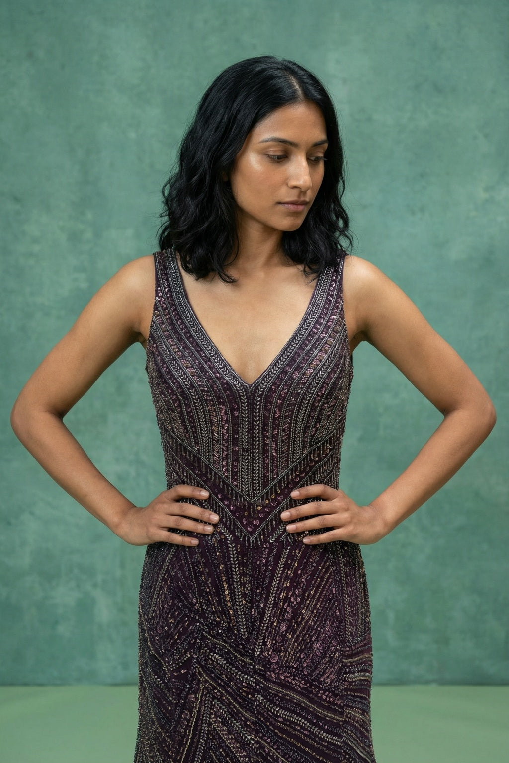 Deep Wine Net Mermaid Gown - Mokshaa
