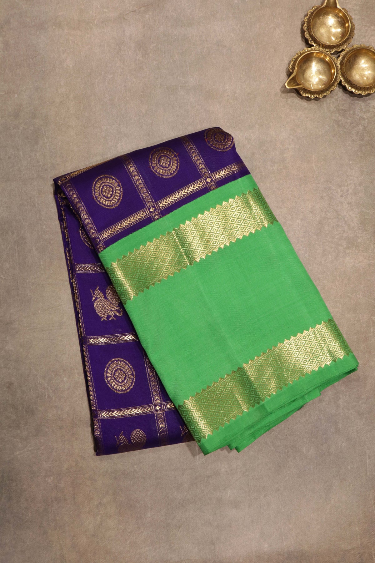 Royal Blue and Contrast Green Kanchivaram Silk Saree - Mokshaa