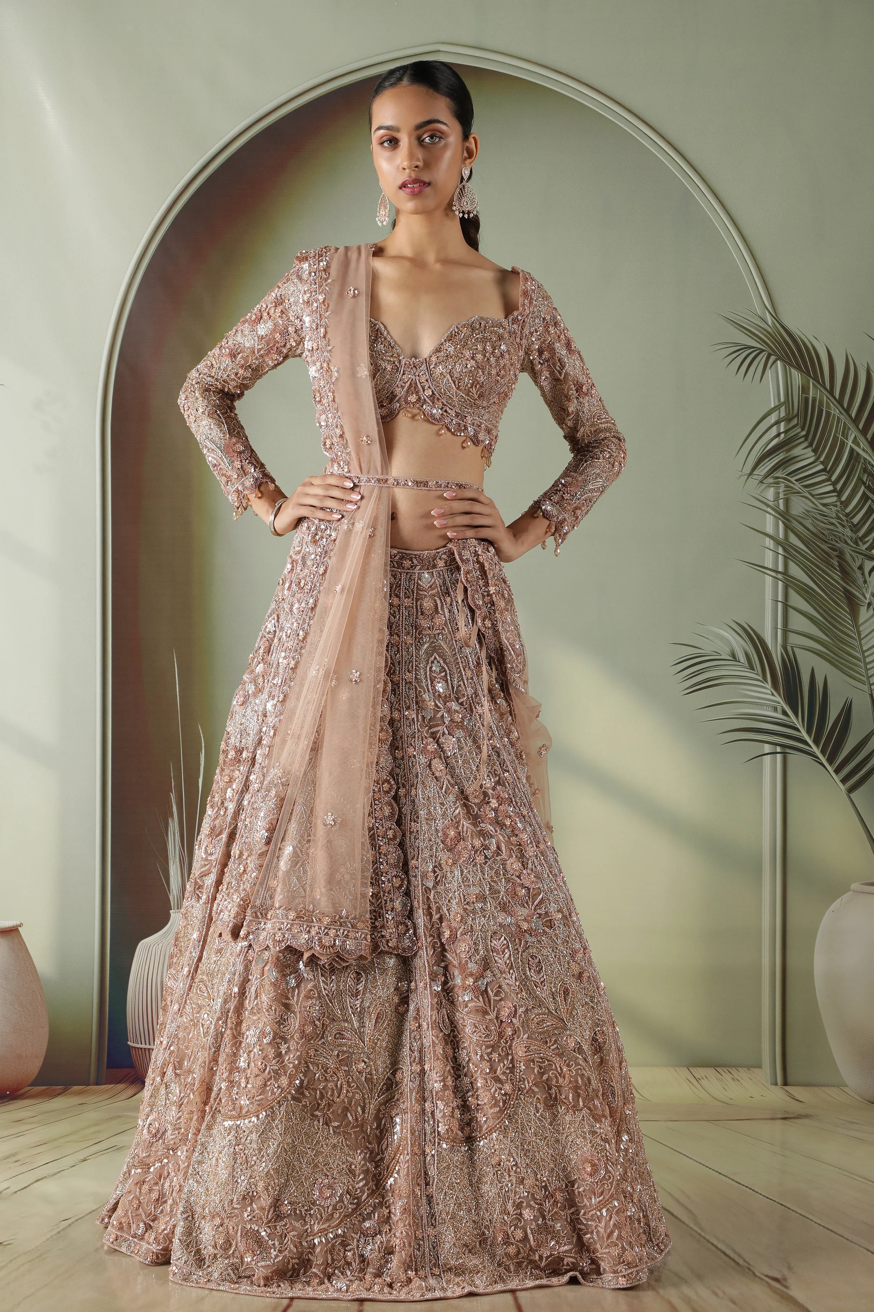 Antique Gold Heavily Embroidered Net Lehenga Set - Mokshaa