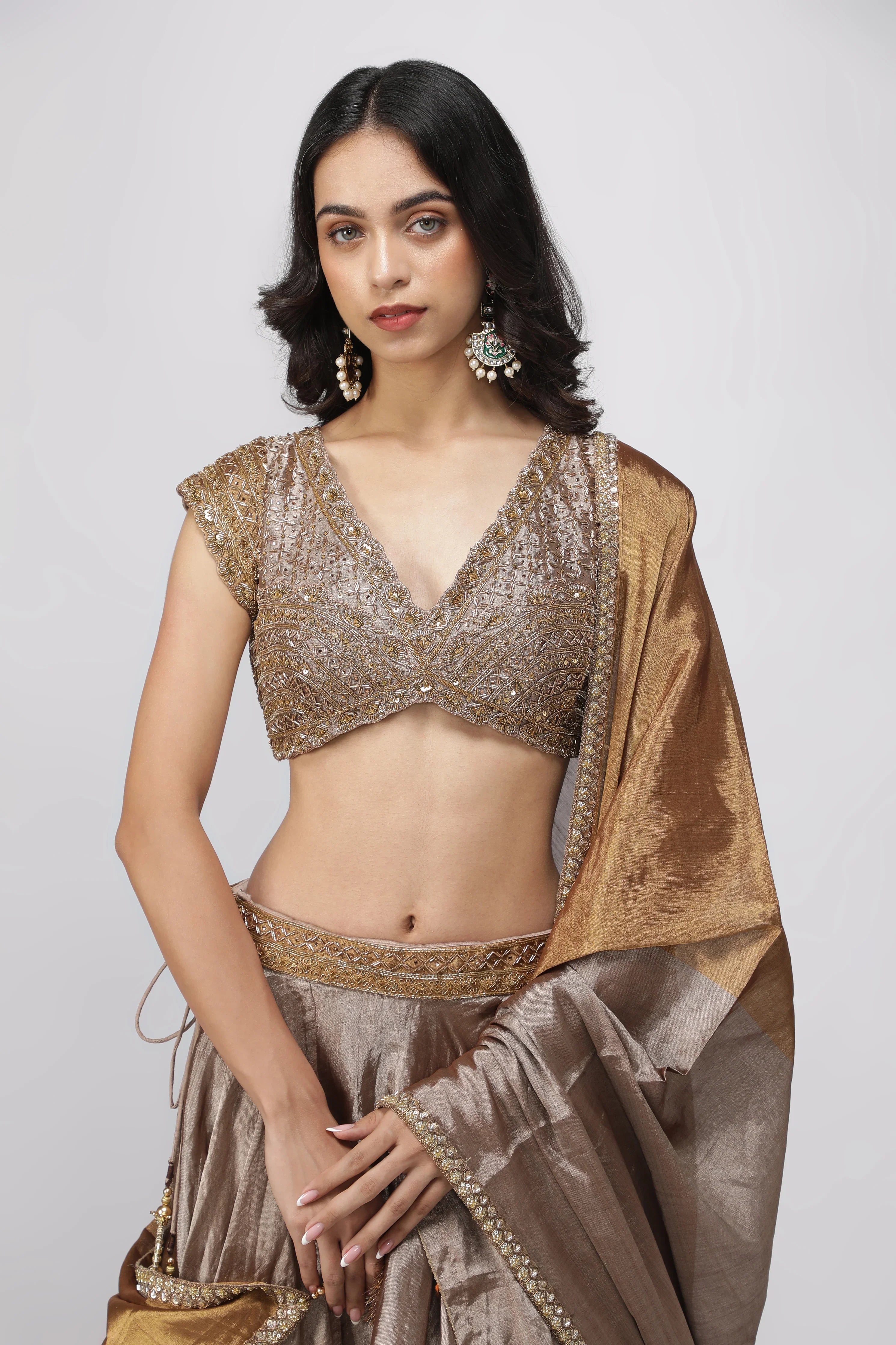 Gold & Silver Tissue Lehenga with Embroidered Blouse - Mokshaa