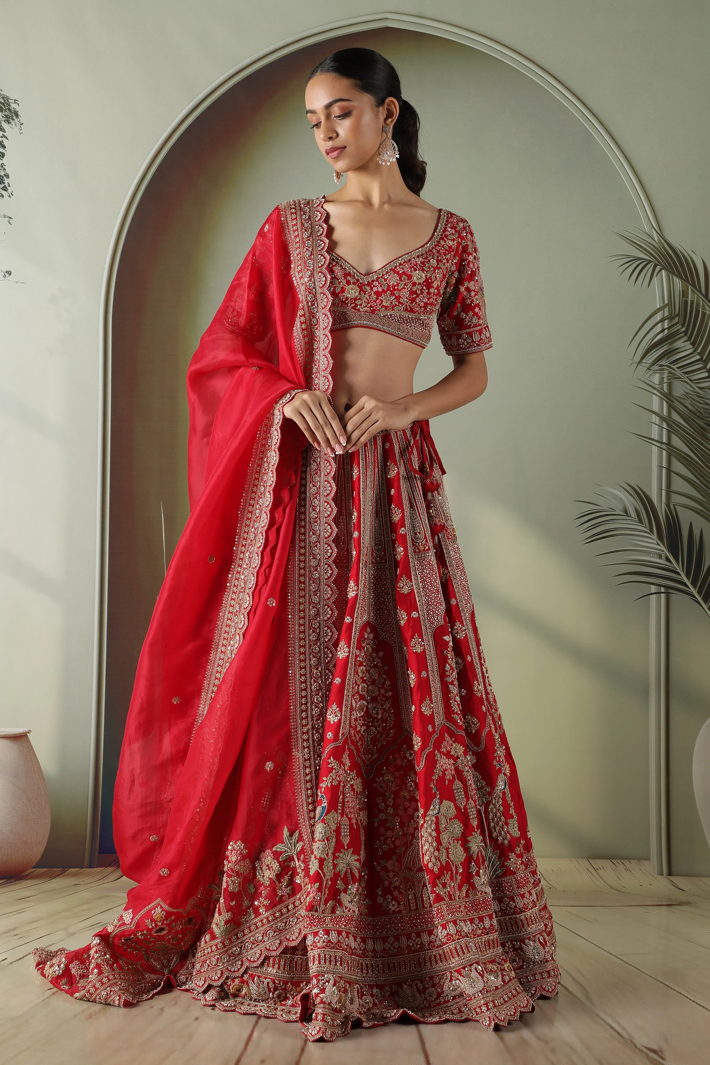 Red Raw Silk Bridal Lehenga Set - Mokshaa