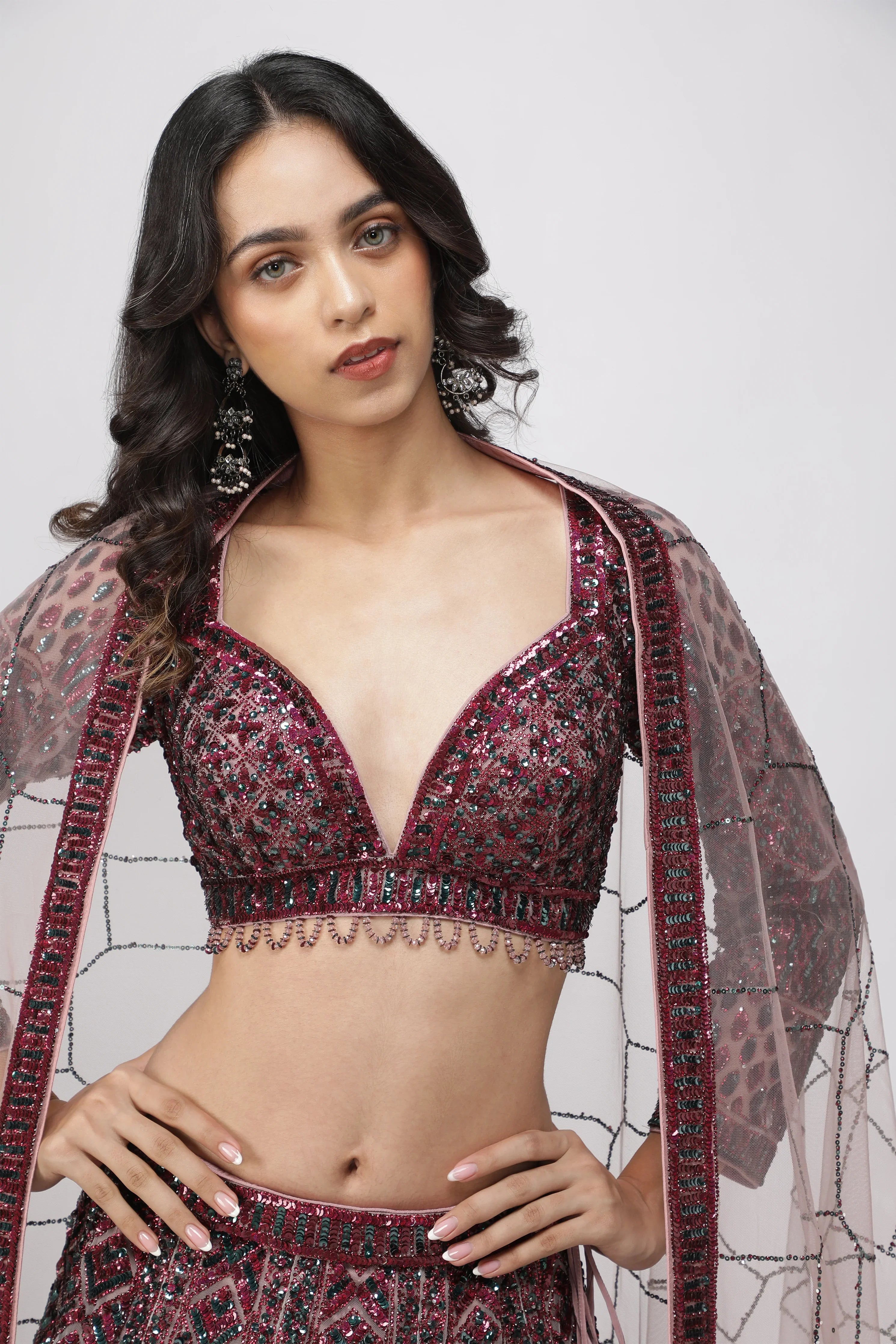 Berry Mauve Net Lehenga Set - Mokshaa