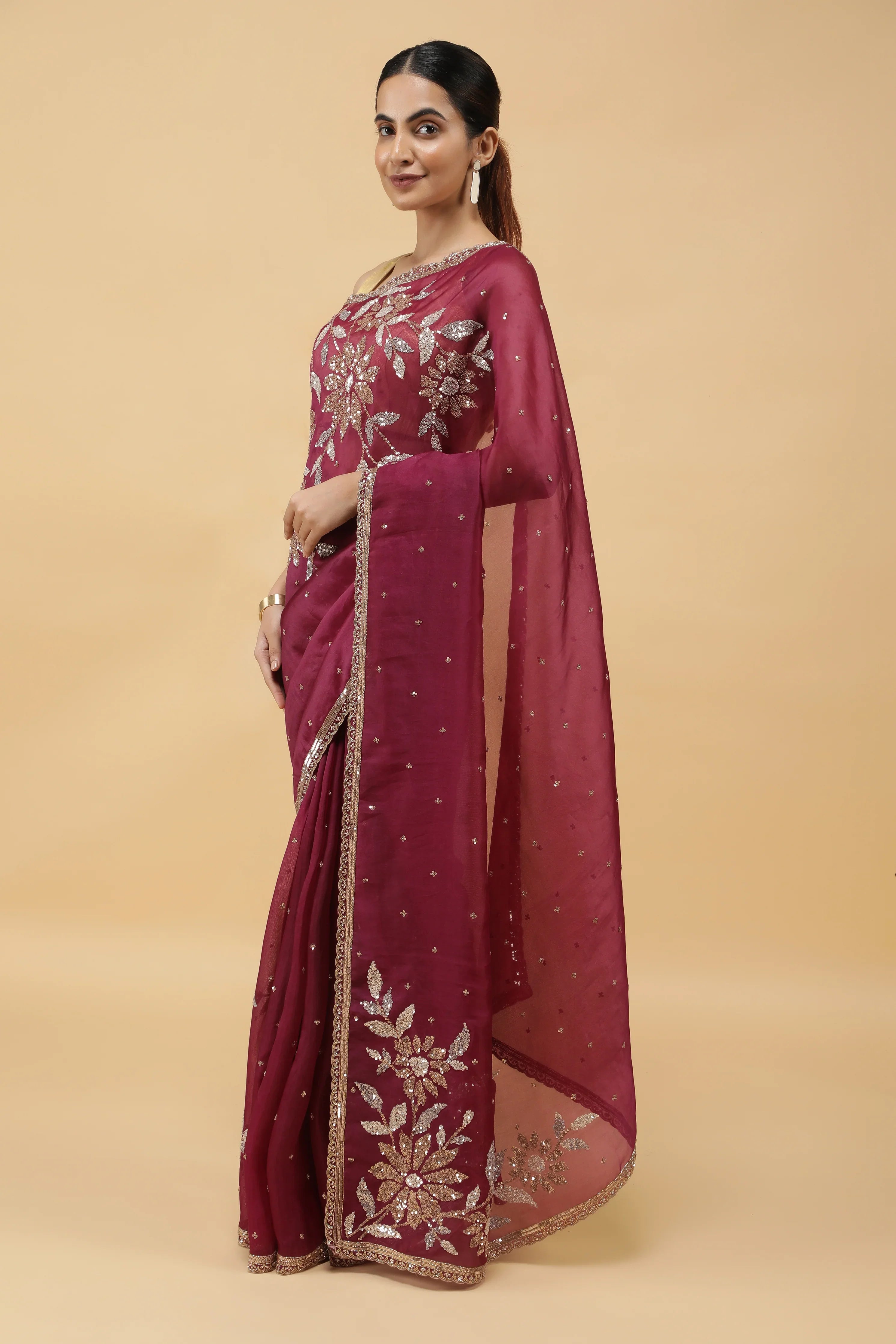 Wine Organza Saree with Silver & Gold Sequin Embroidery - Mokshaa