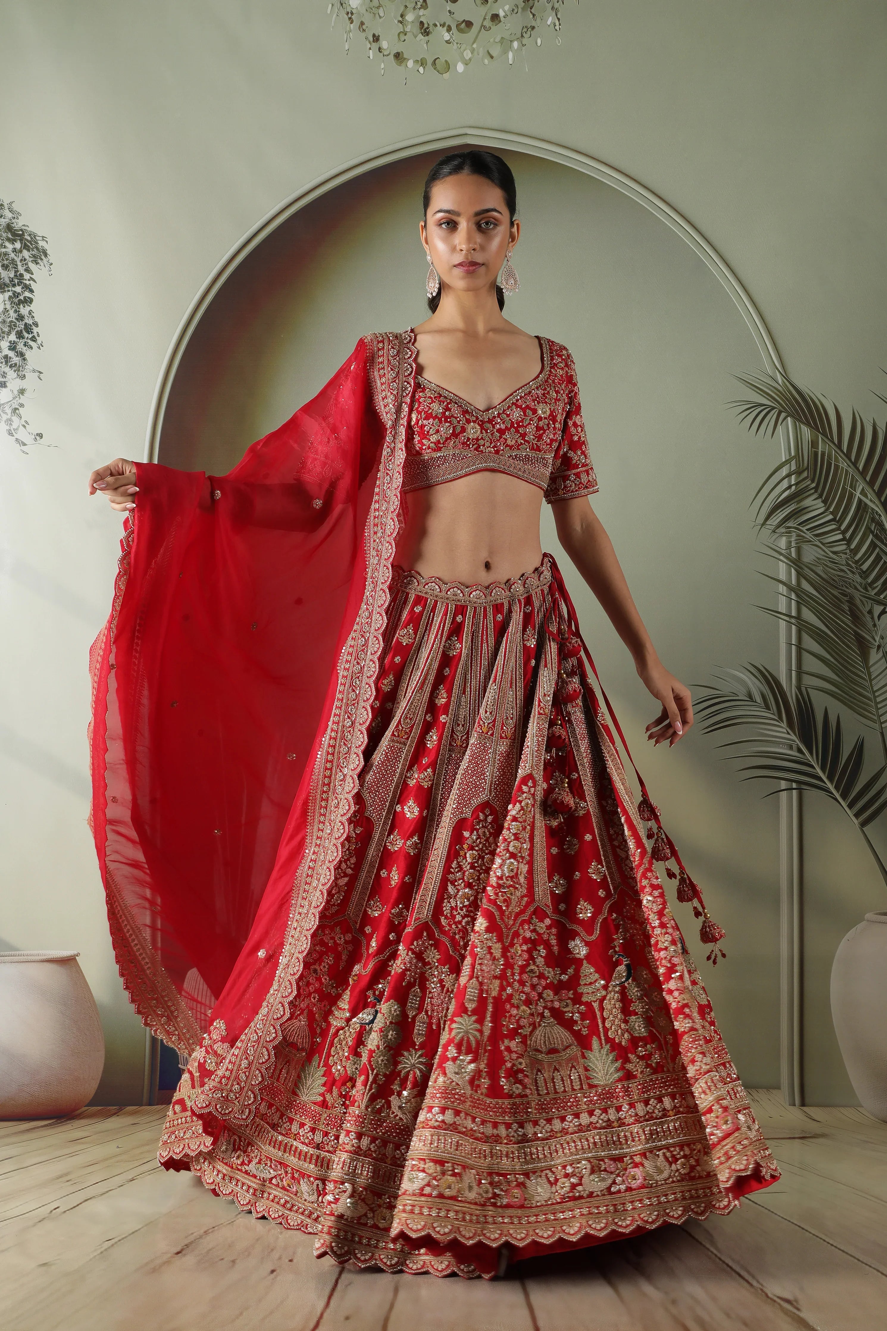 Red Raw Silk Bridal Lehenga Set - Mokshaa