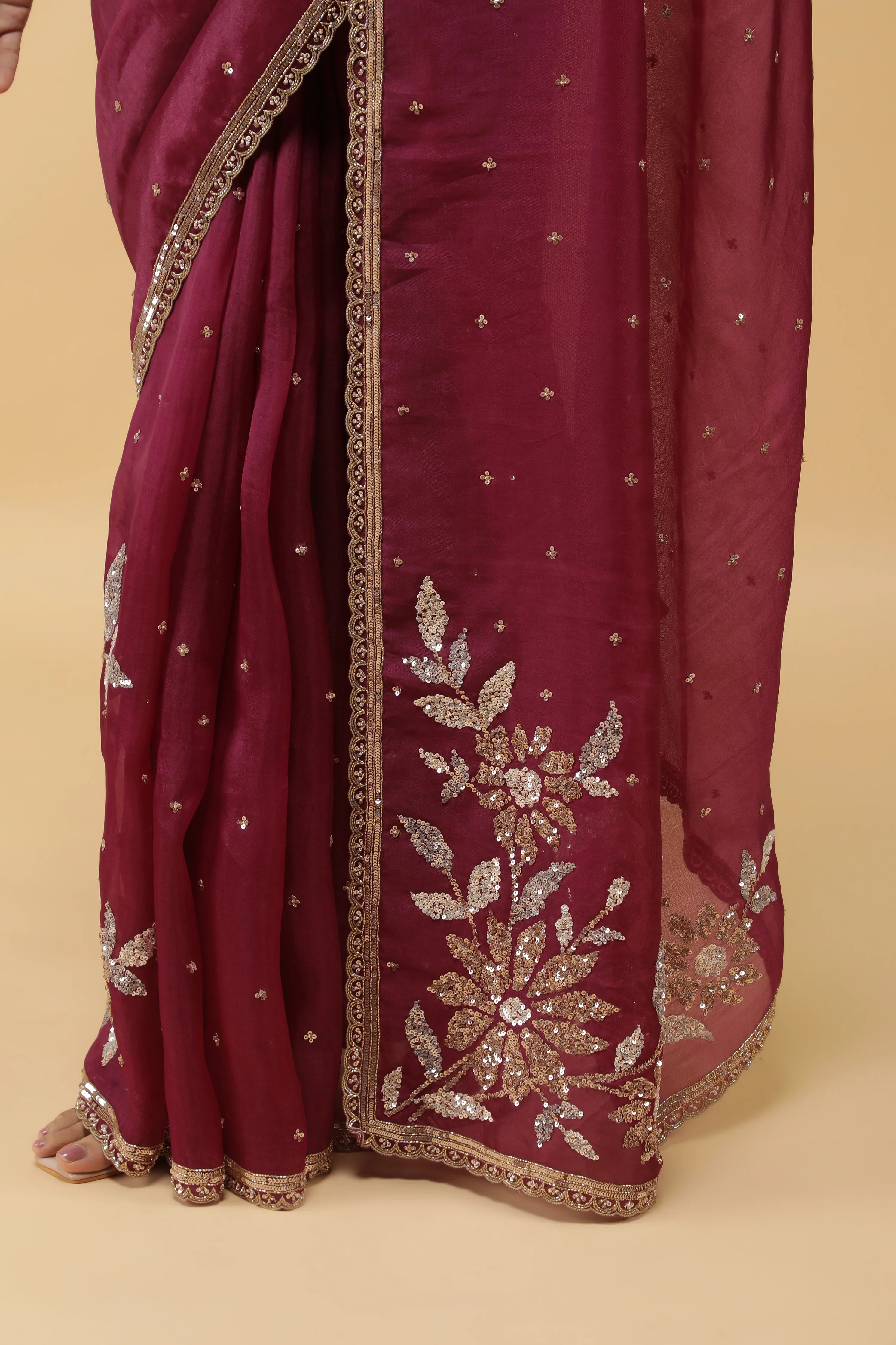 Wine Organza Saree with Silver & Gold Sequin Embroidery - Mokshaa