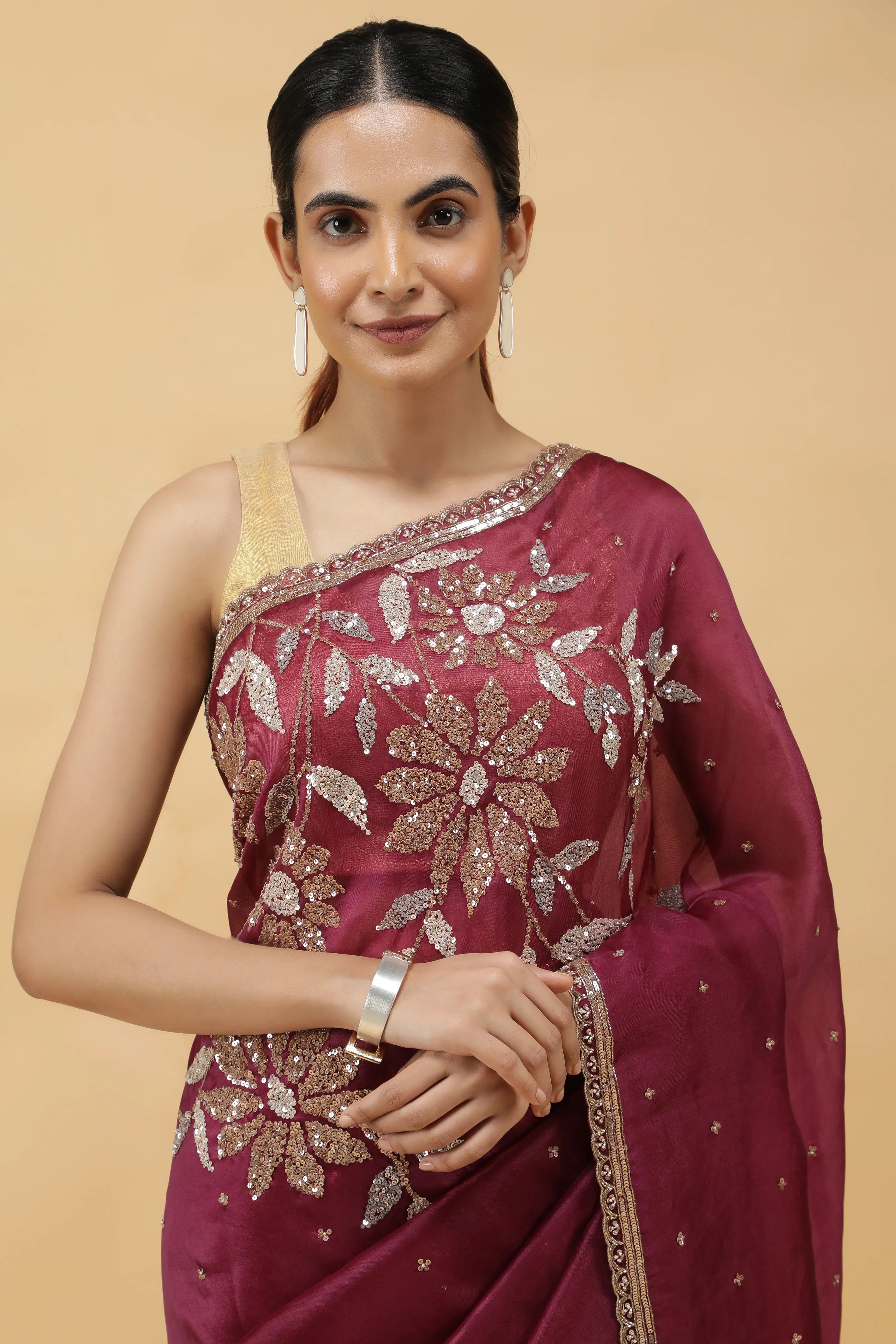 Wine Organza Saree with Silver & Gold Sequin Embroidery - Mokshaa