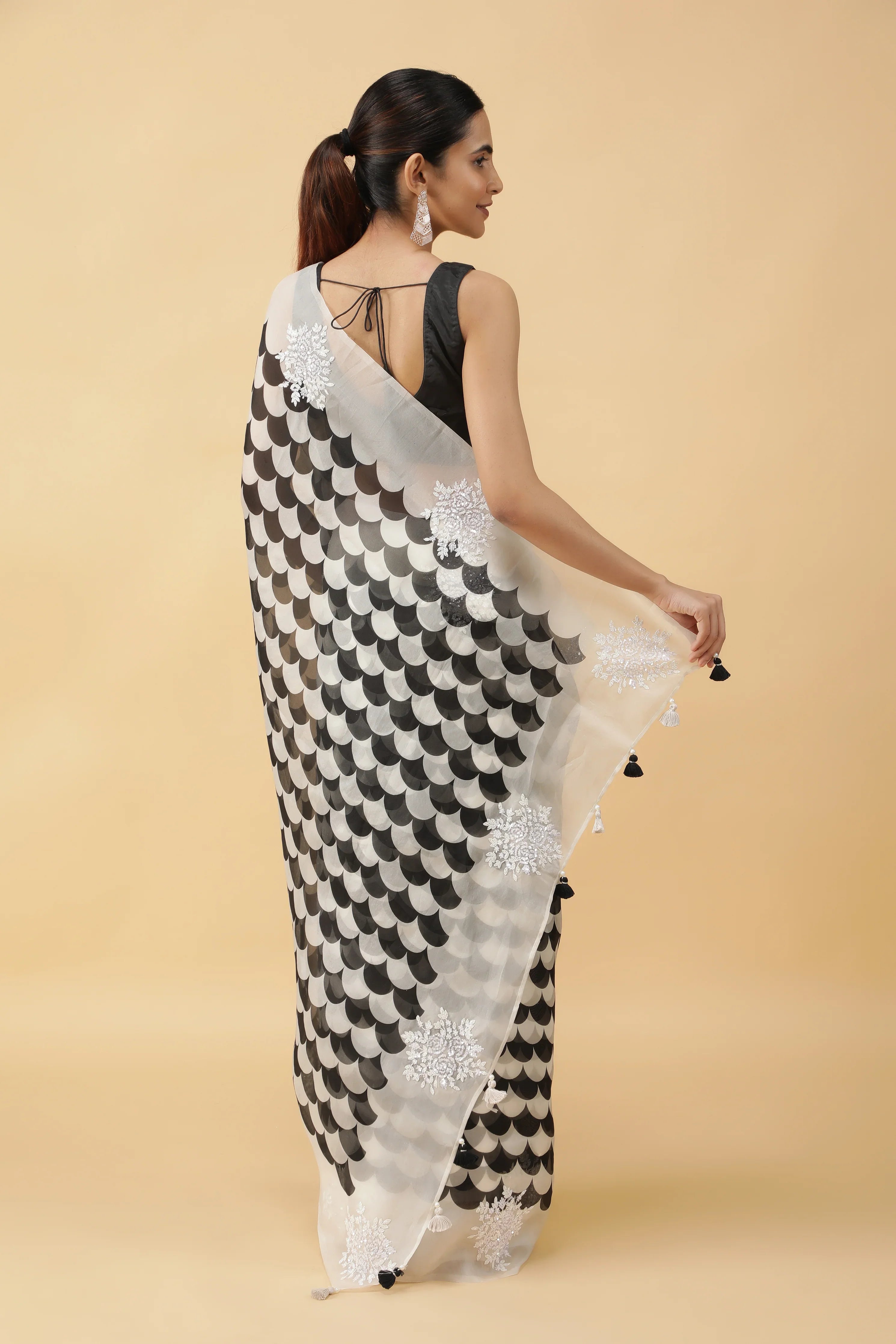 Black & White Kora Silk Saree with Sequin Embroidery - Mokshaa