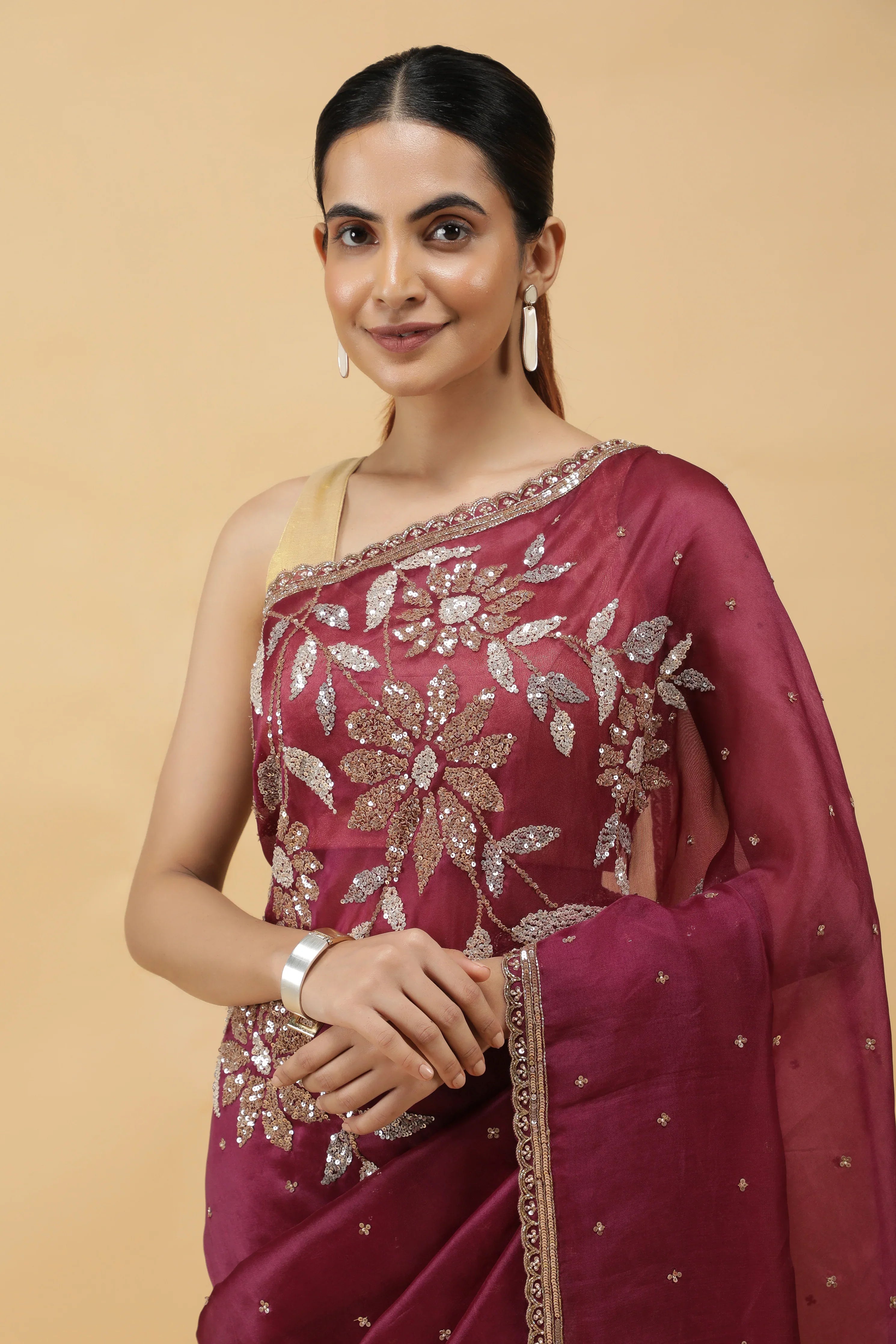 Wine Organza Saree with Silver & Gold Sequin Embroidery - Mokshaa
