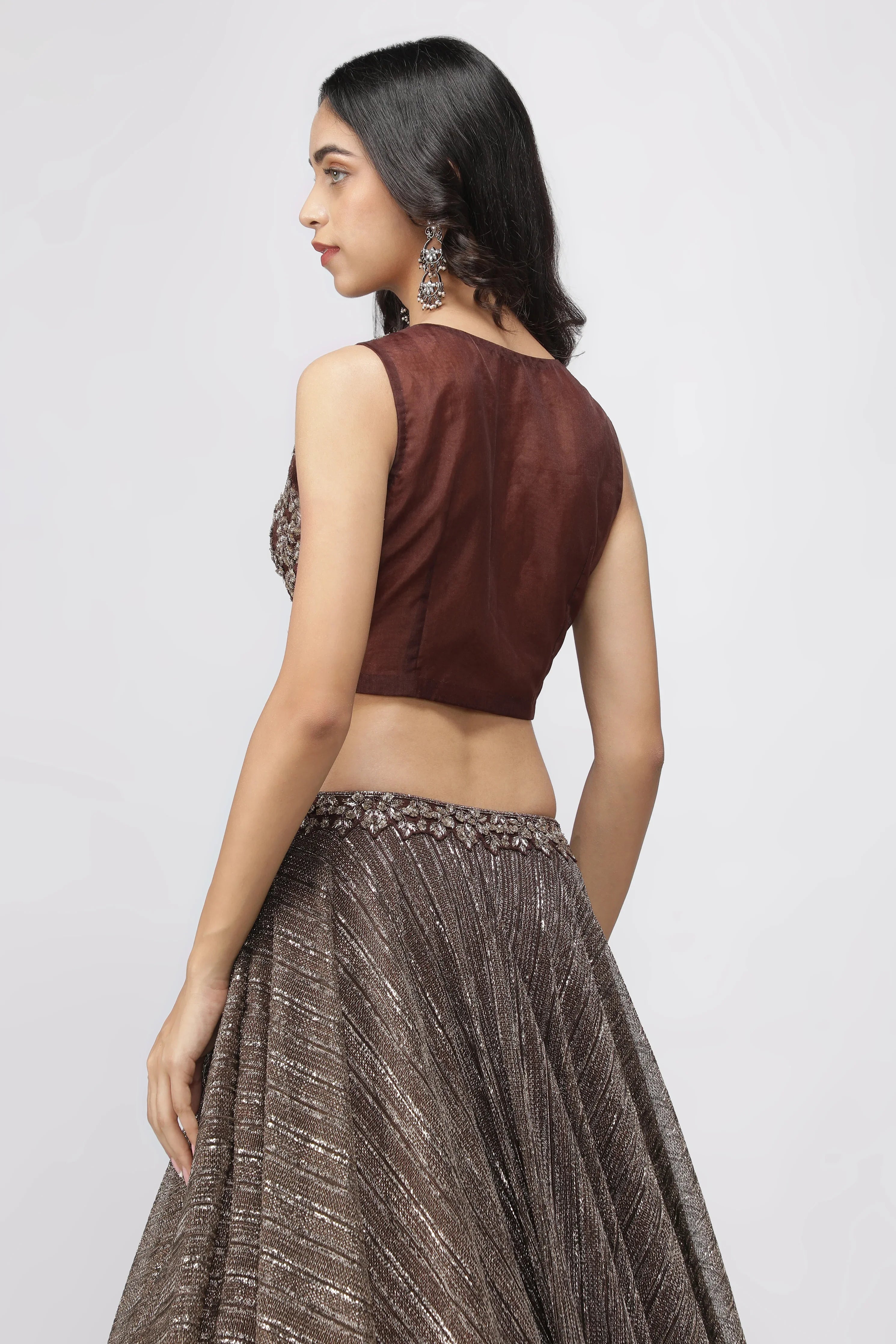 Coffee Brown Jacket Lehenga with Metallic Pearl Embroidery - Mokshaa