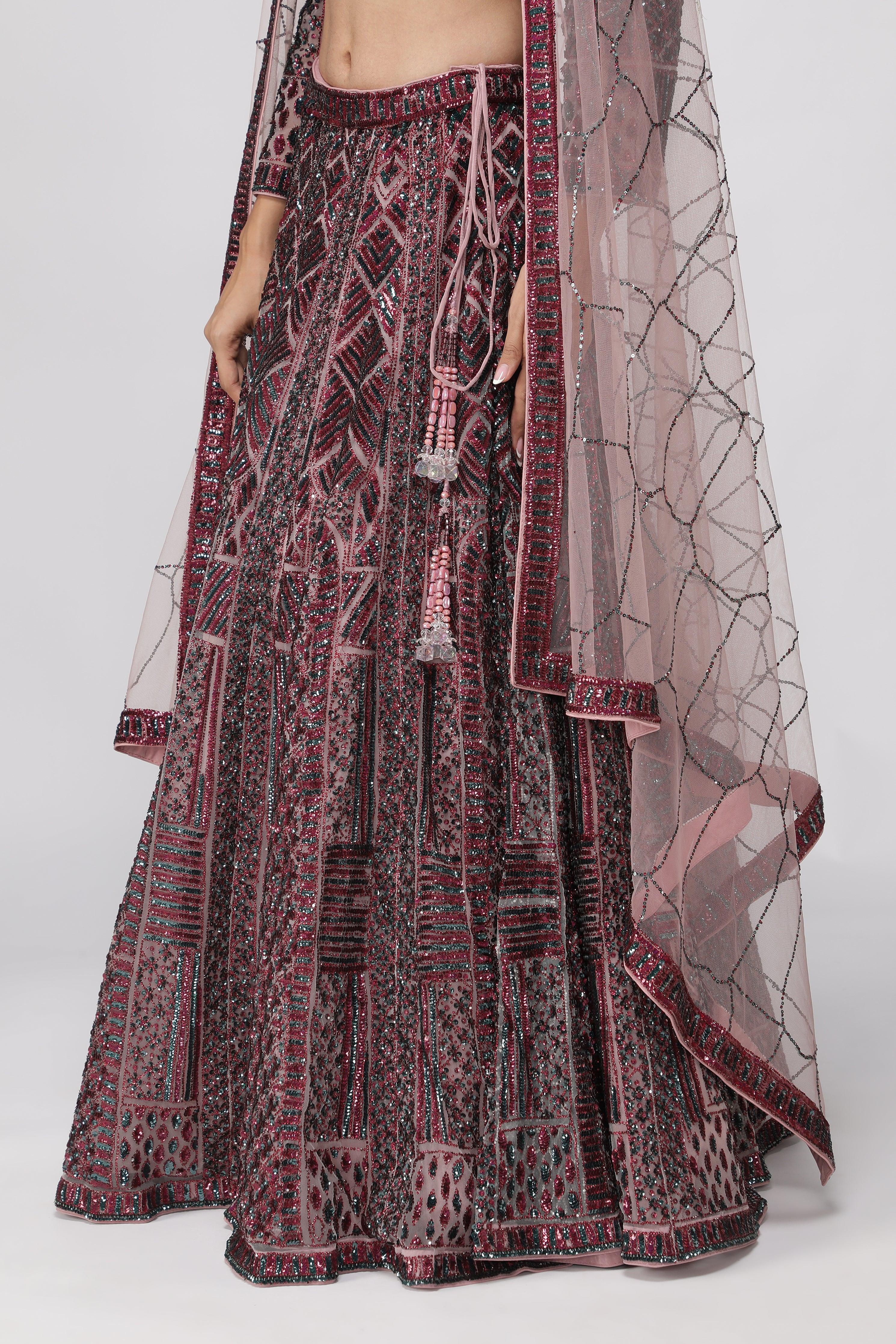 Berry Mauve Net Lehenga Set - Mokshaa