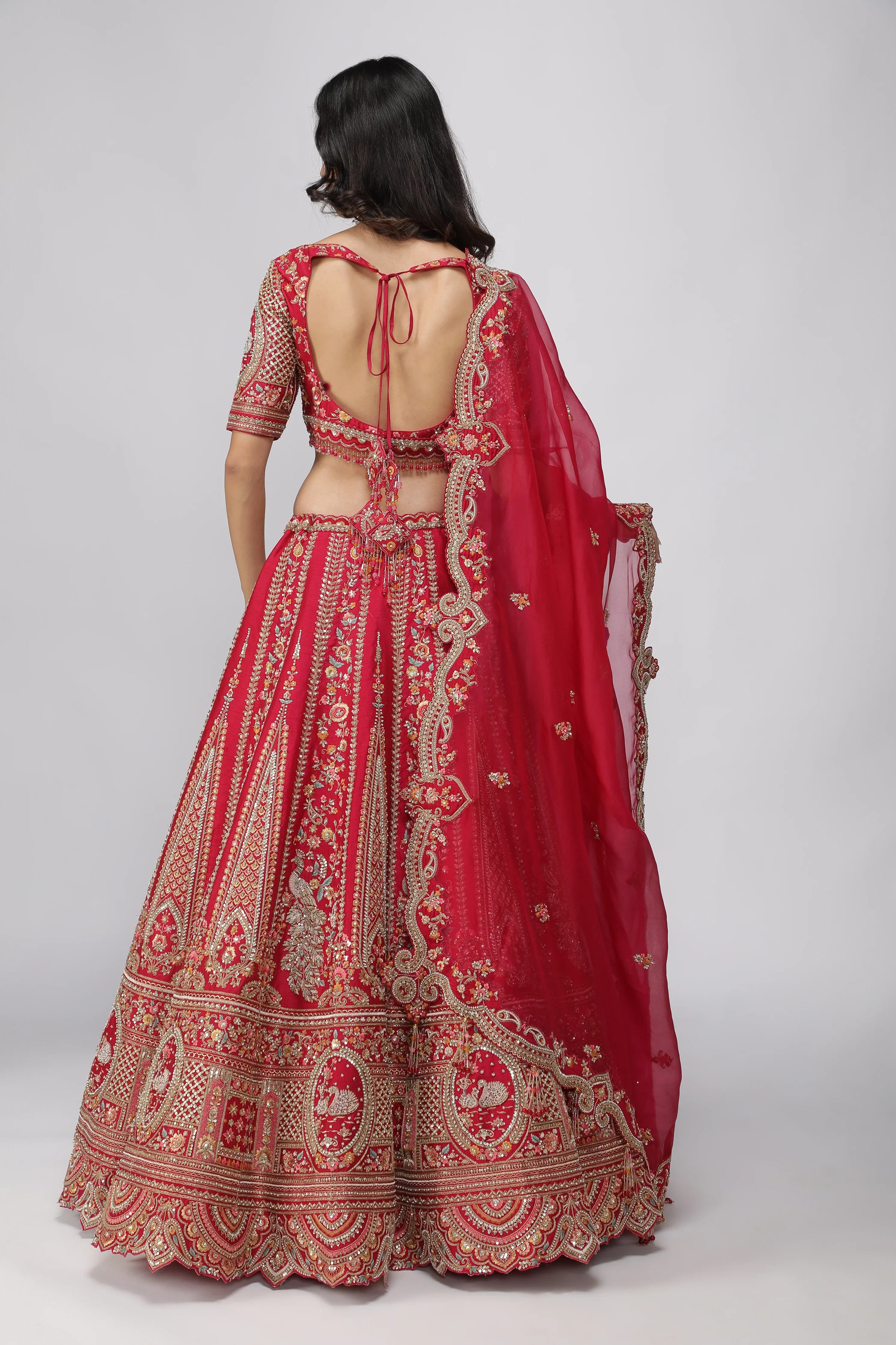 Red Raw Silk Bridal Lehenga Set - Mokshaa