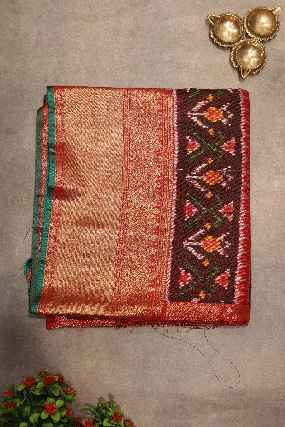 Green Patola Twill Silk Fusion Saree - Mokshaa