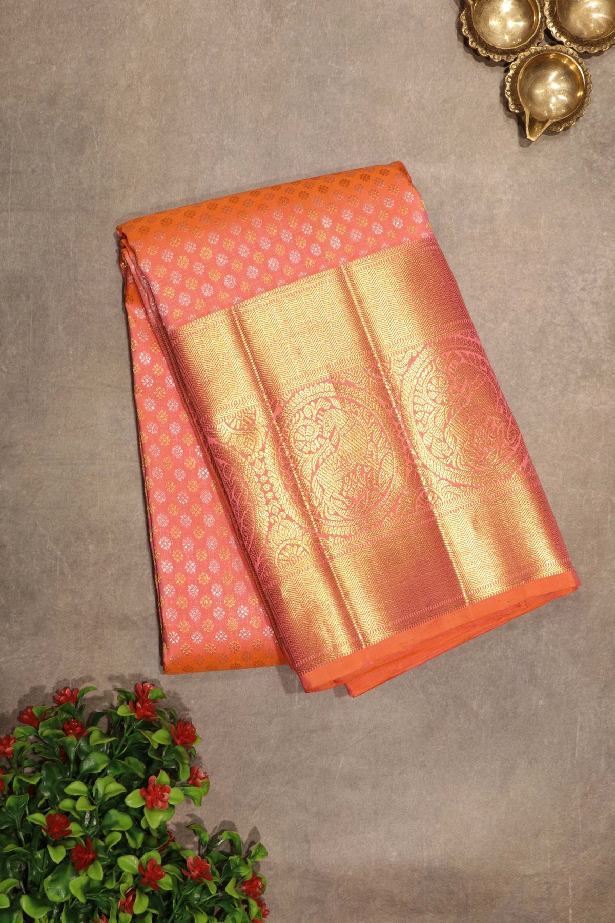 Orange Peach Kanchivaram Silk Saree - Mokshaa
