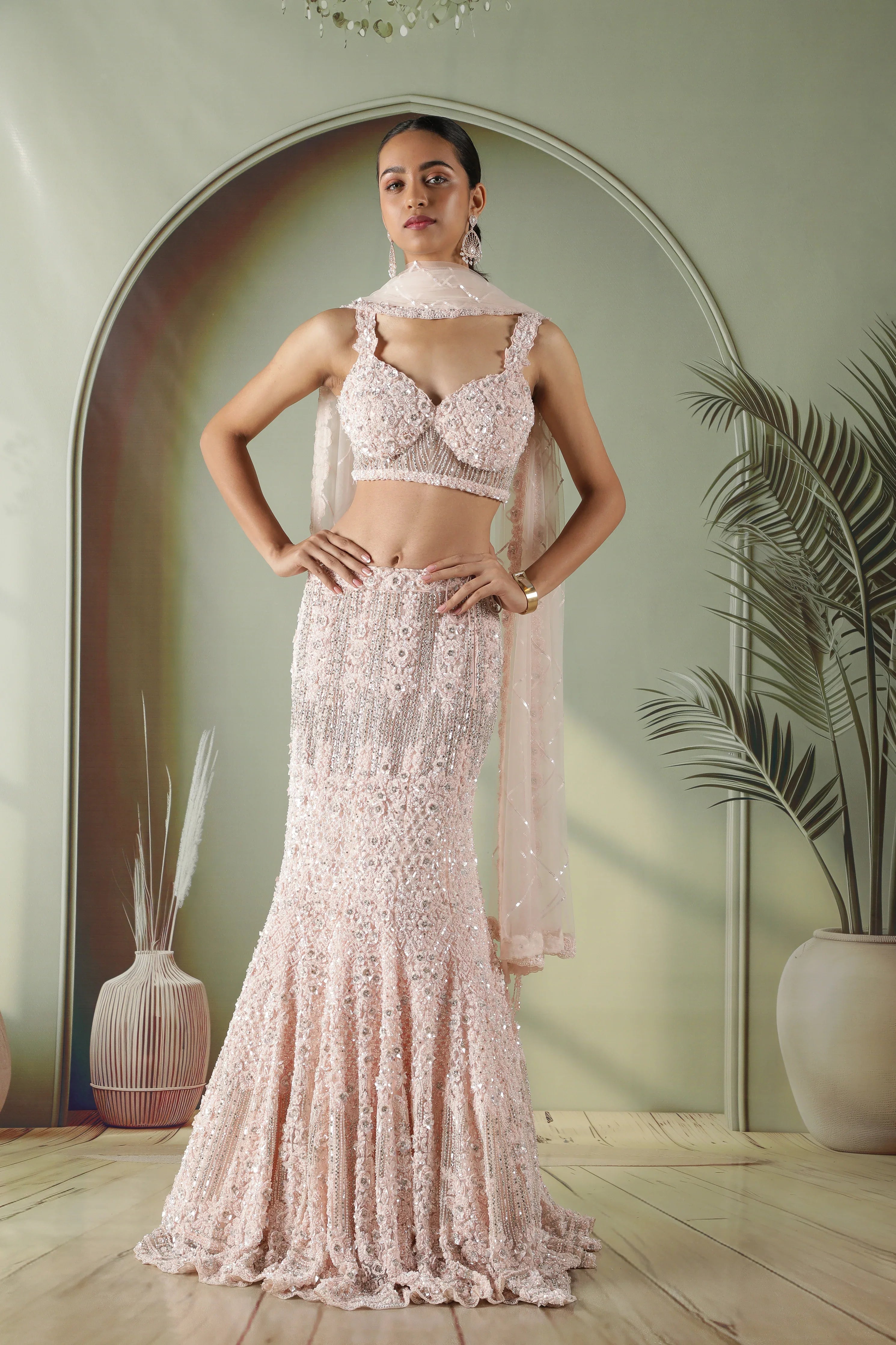Blush Pink Sequin & Pearl Embellished Mermaid Lehenga Set - Mokshaa