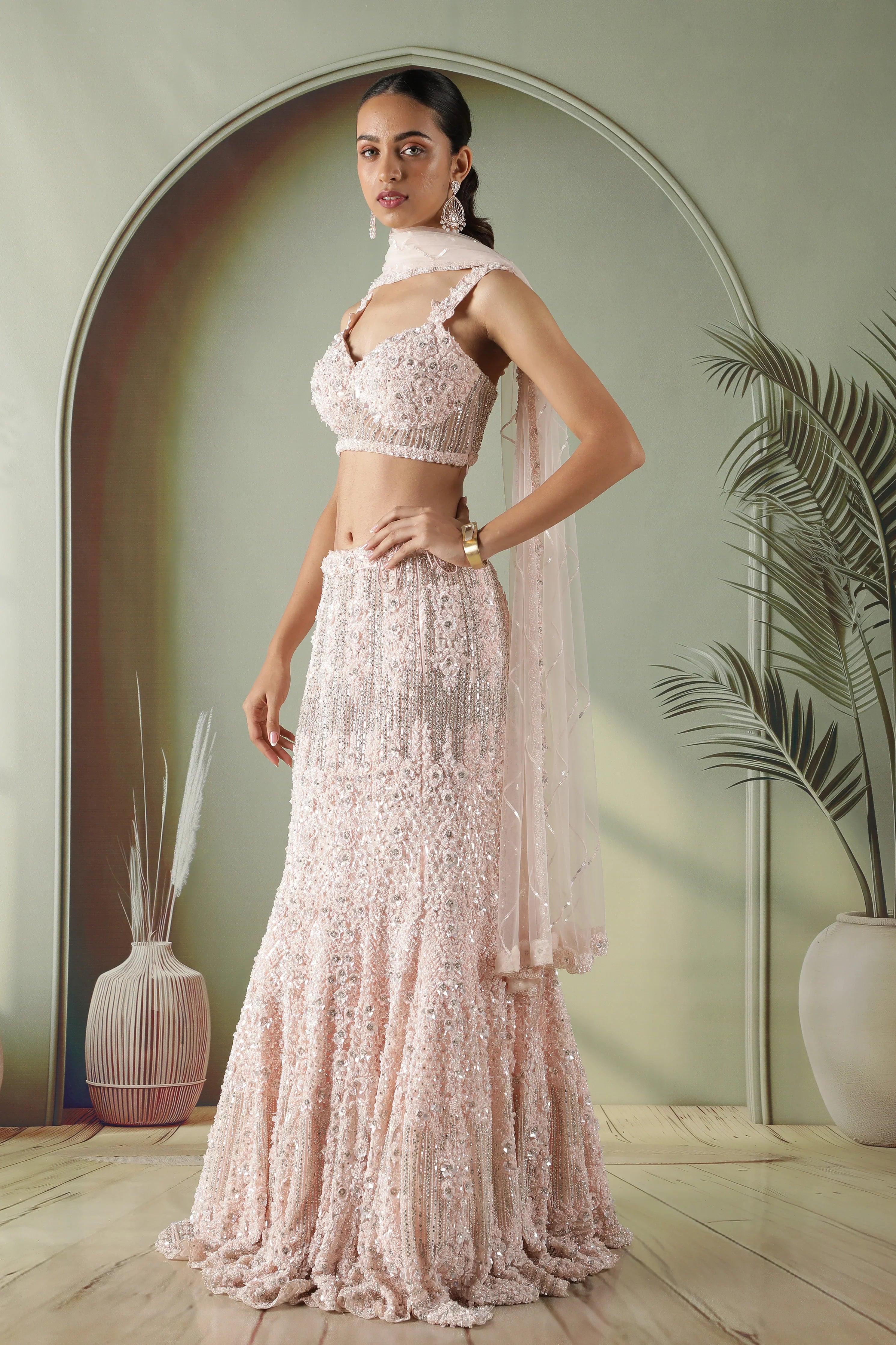 Blush Pink Sequin & Pearl Embellished Mermaid Lehenga Set - Mokshaa