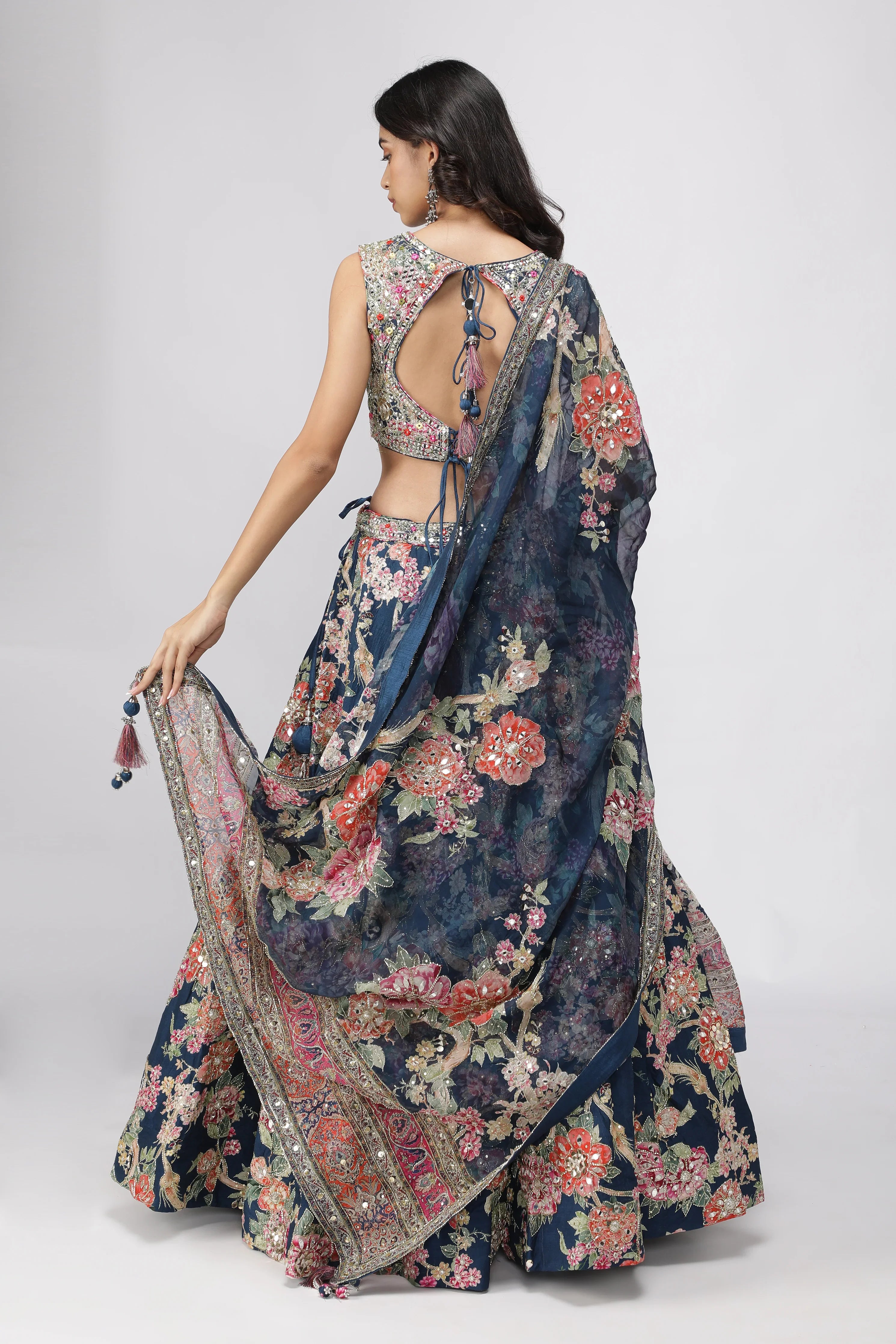 Navy Blue Silk Printed Lehenga Set - Mokshaa