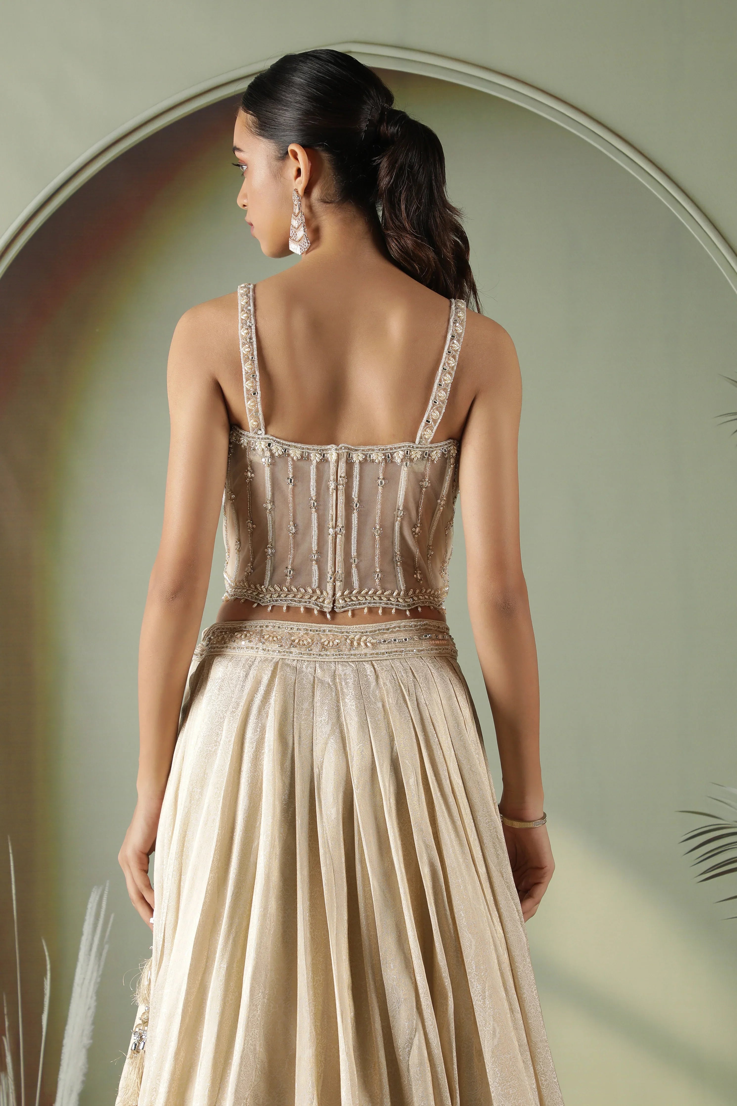 Champagne Gold Silk Lehenga with Corset blouse - Mokshaa