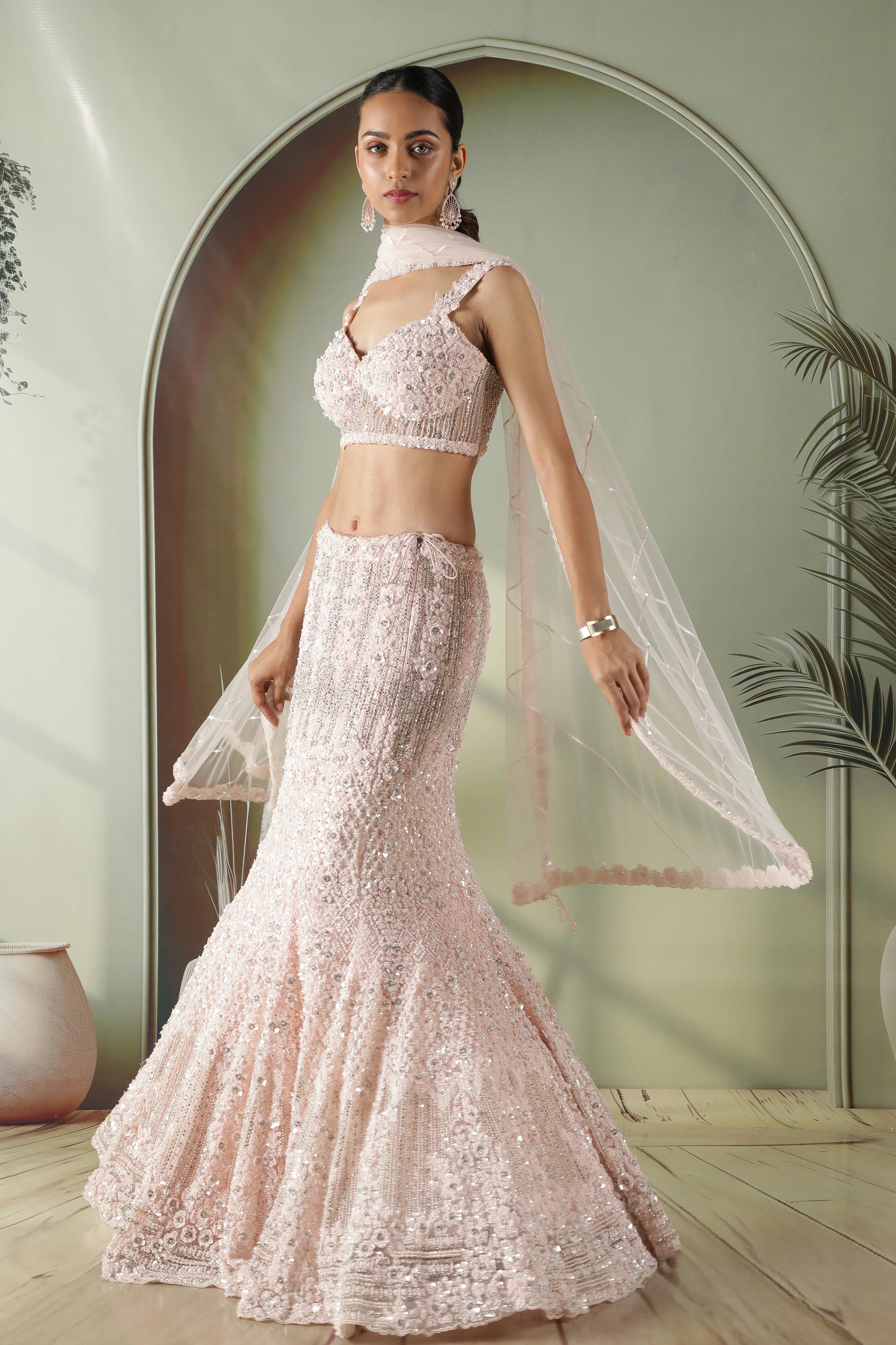 Blush Pink Sequin & Pearl Embellished Mermaid Lehenga Set - Mokshaa