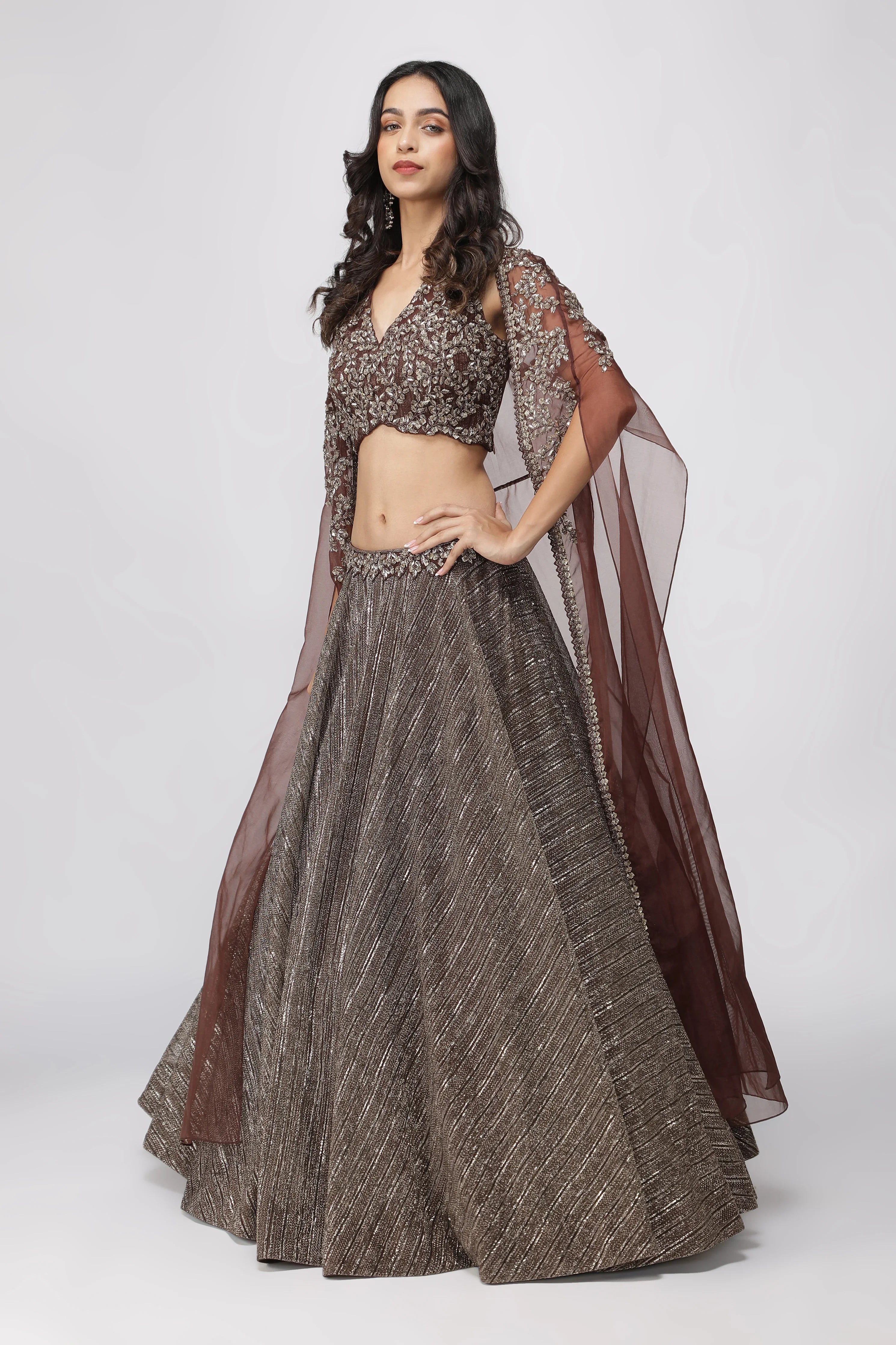 Coffee Brown Jacket Lehenga with Metallic Pearl Embroidery - Mokshaa