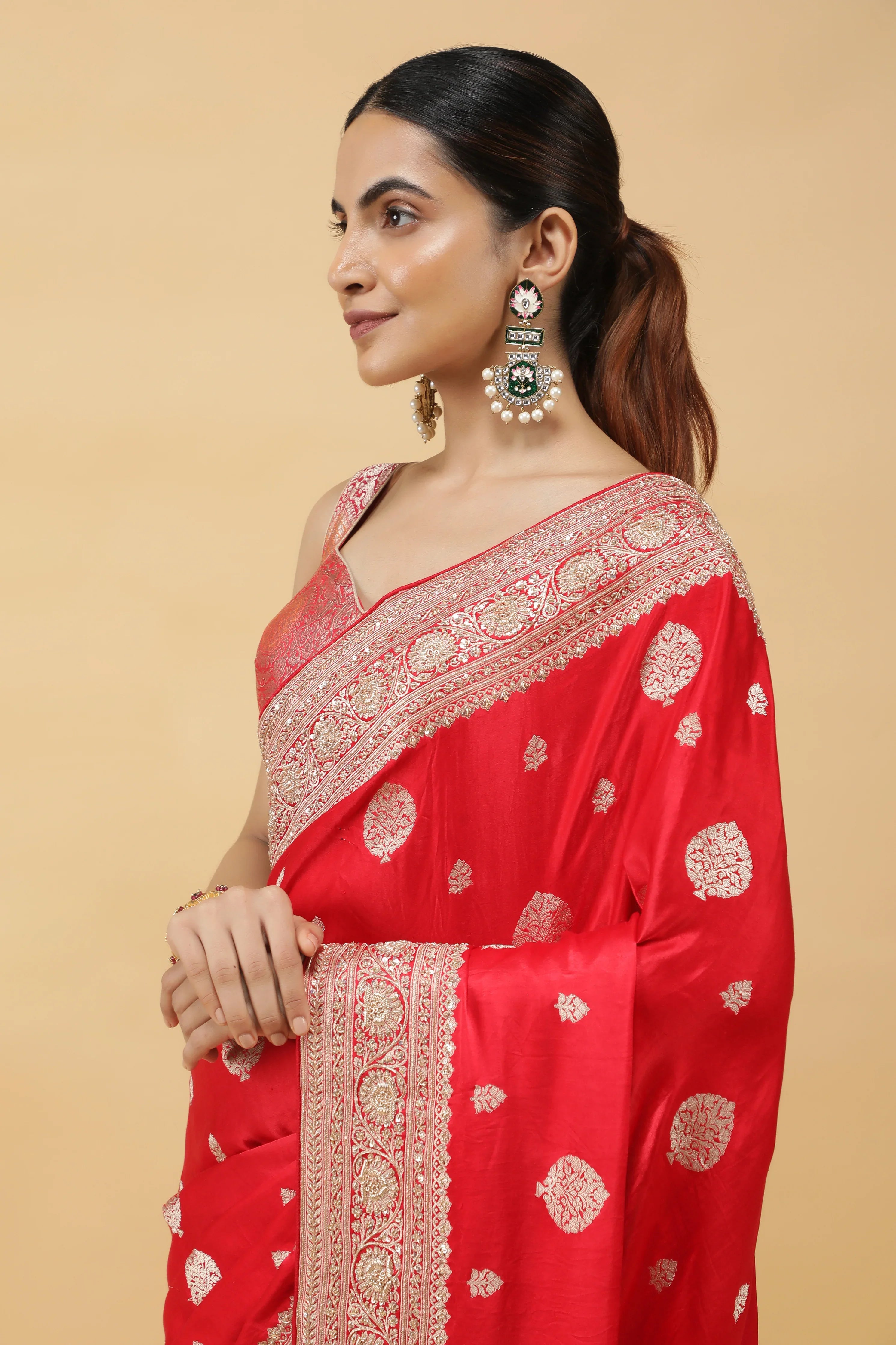 Red Banarasi Mashroom Silk Saree with Zari & Jardhosi Border - Mokshaa