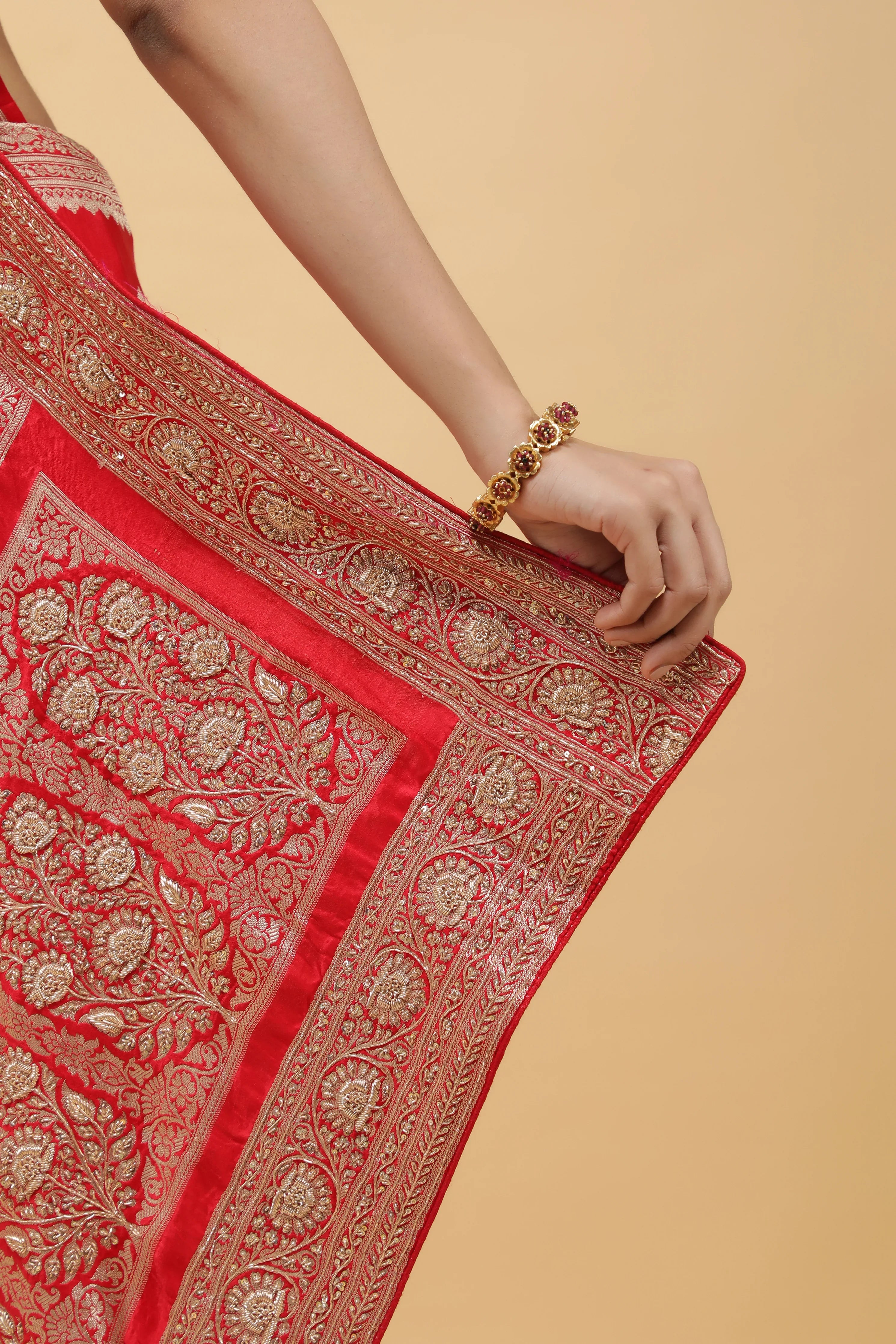 Red Banarasi Mashroom Silk Saree with Zari & Jardhosi Border - Mokshaa