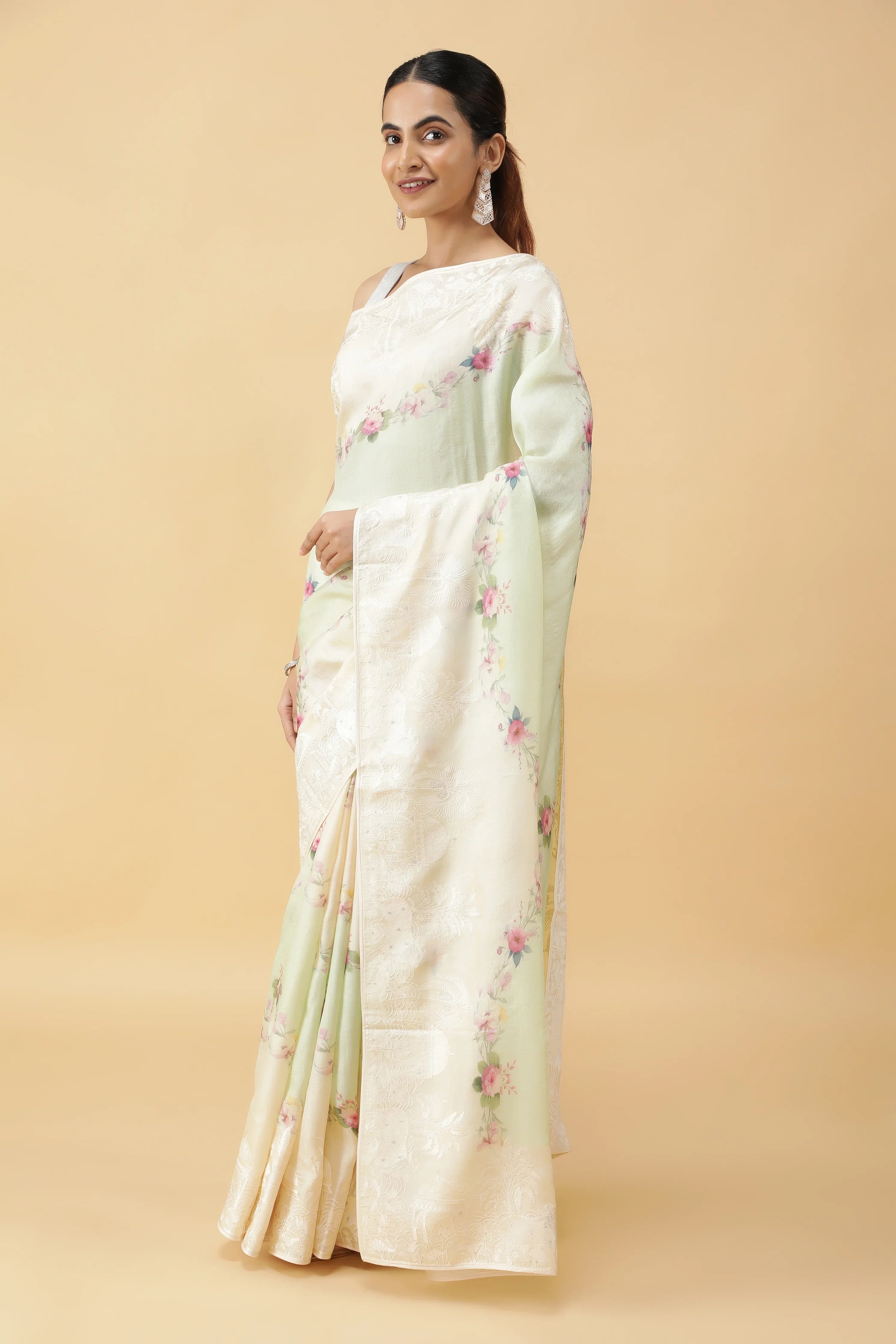 Light Green Tussar Silk Saree with Floral Print - Mokshaa