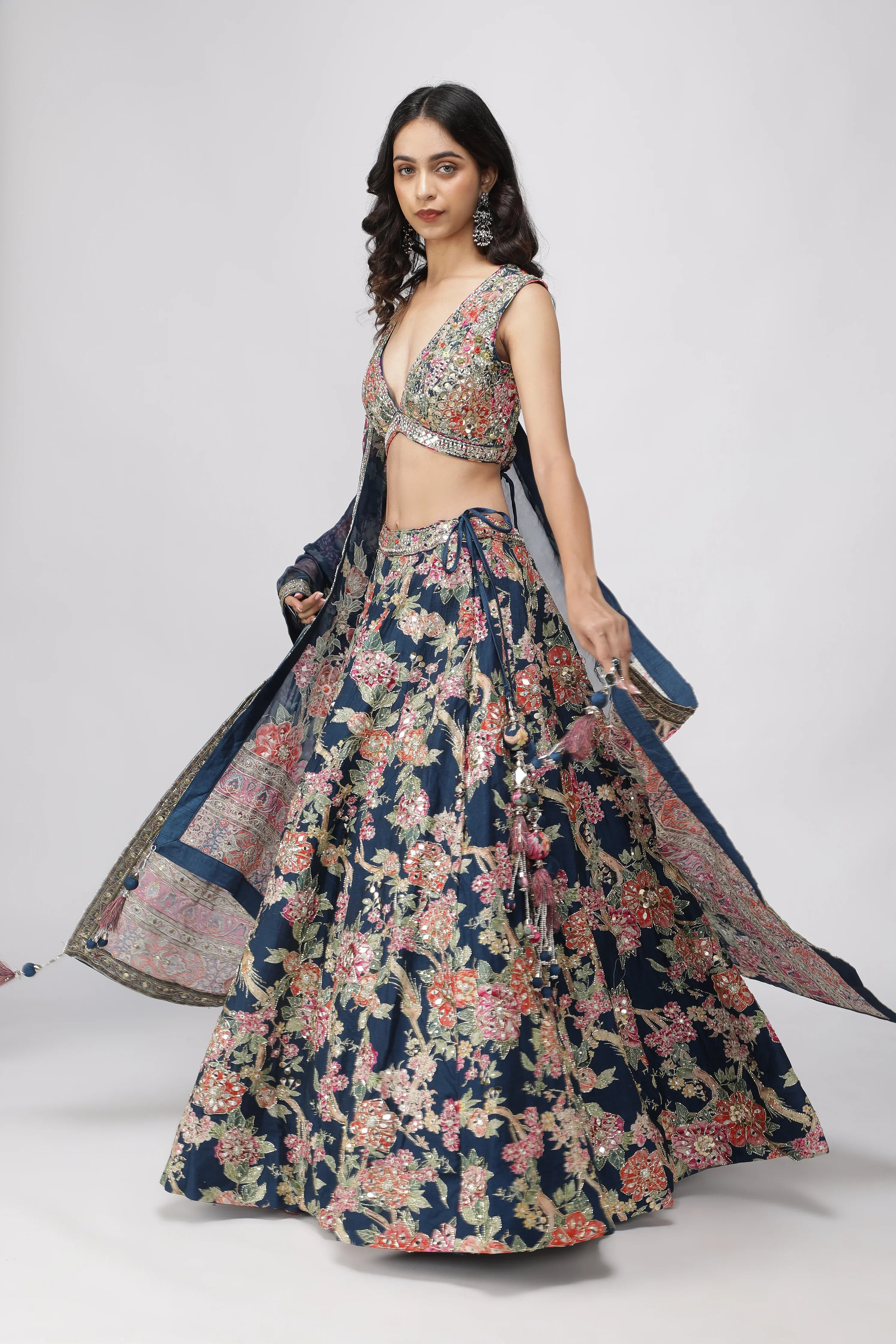 Navy Blue Silk Printed Lehenga Set - Mokshaa