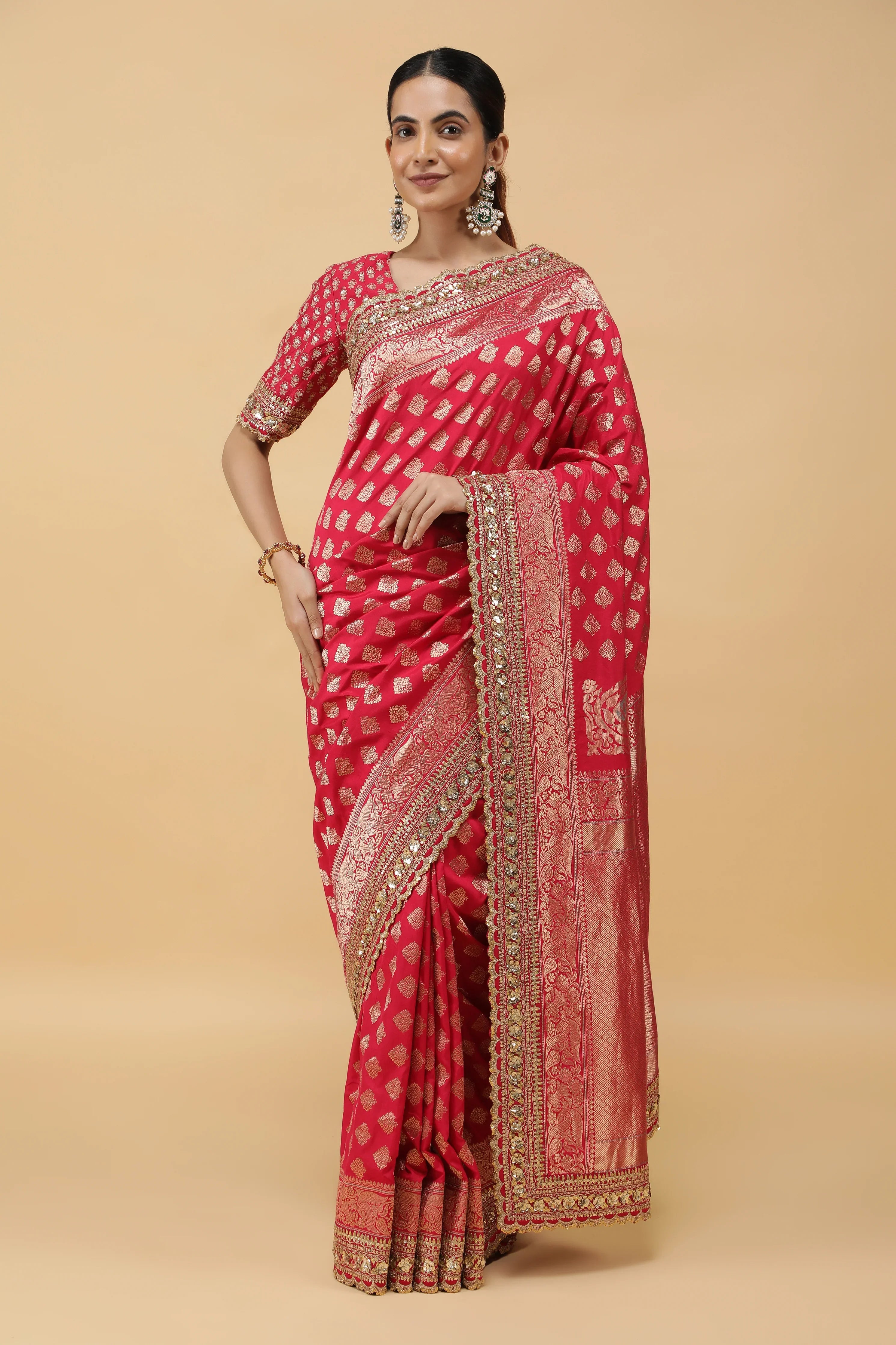 Pinkish Red Banaras Silk Saree with Gold Sequin Zari Border - Mokshaa