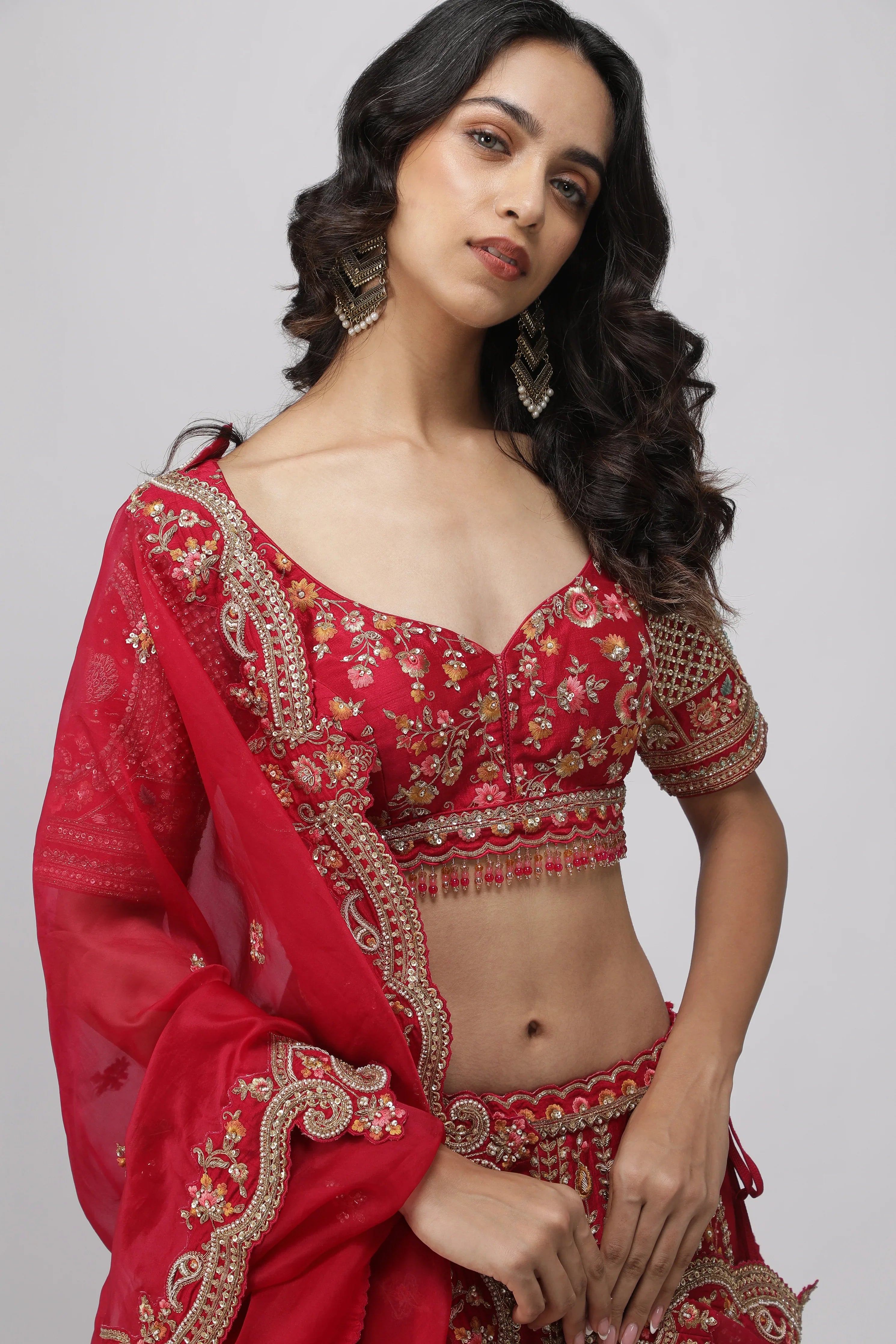 Red Raw Silk Bridal Lehenga Set - Mokshaa