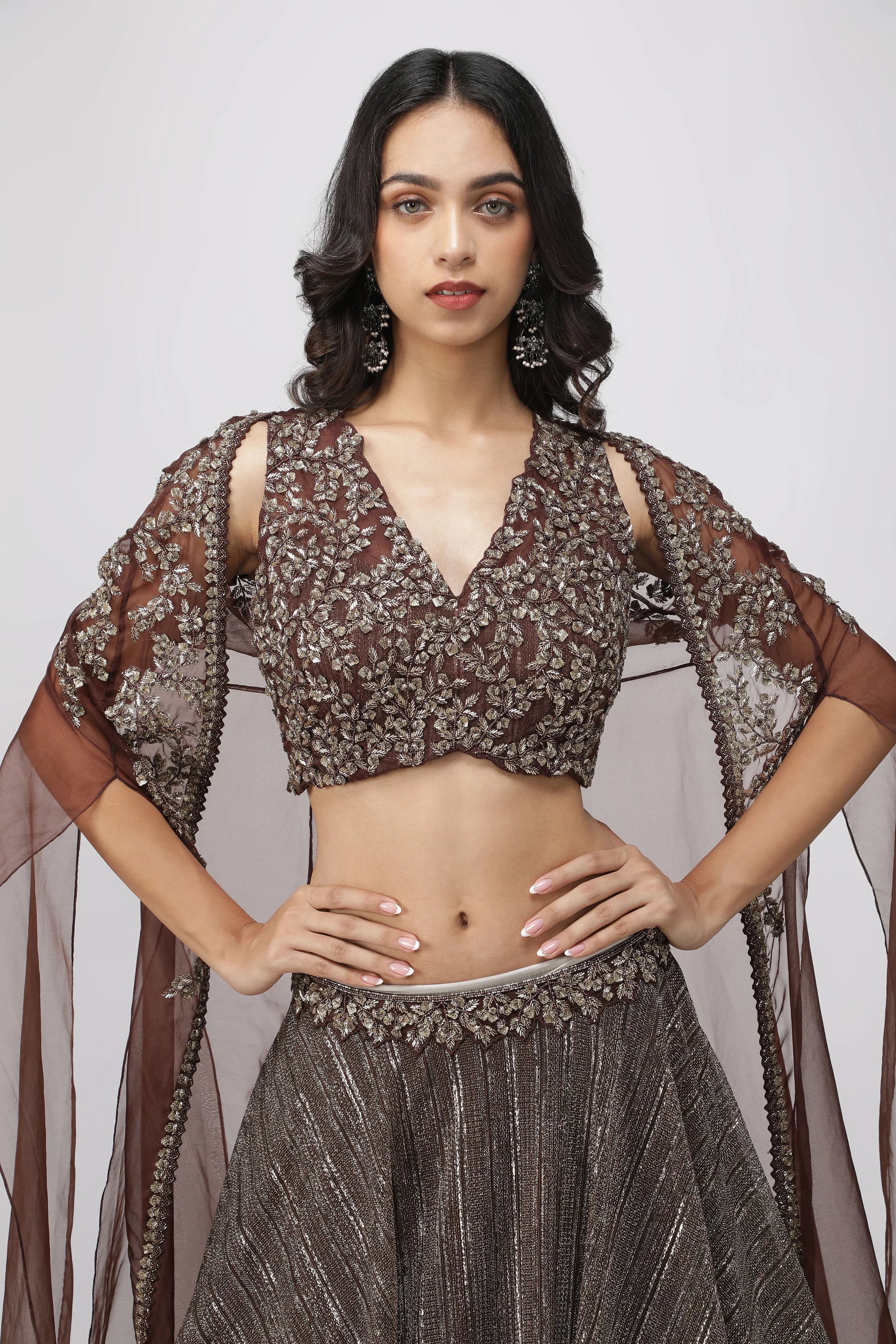 Coffee Brown Jacket Lehenga with Metallic Pearl Embroidery - Mokshaa